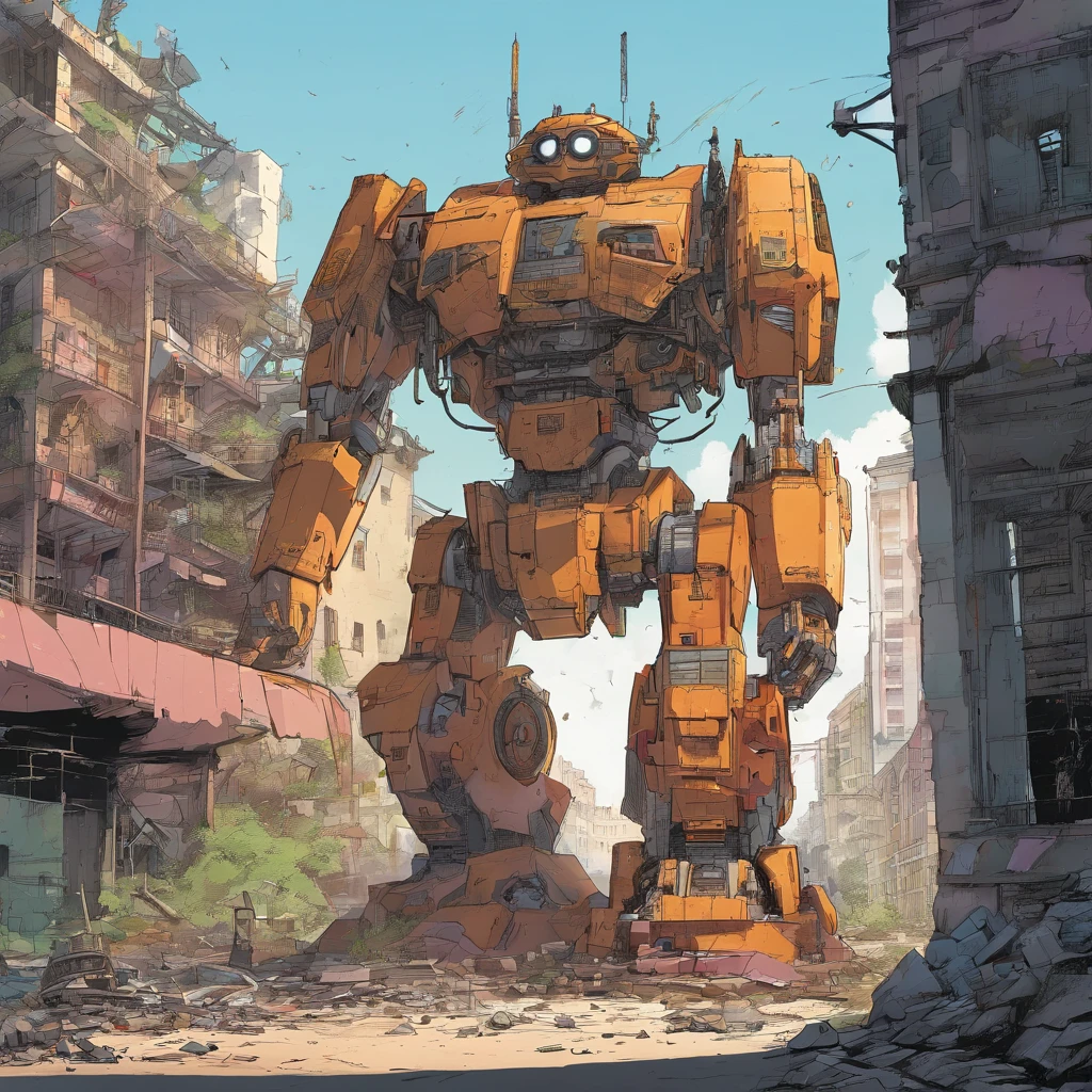 the Giant robot is in moving motion through a ruined building by Zaha Hadid, cinematic, high detail, octane render, studio ghibli --ar 16:9