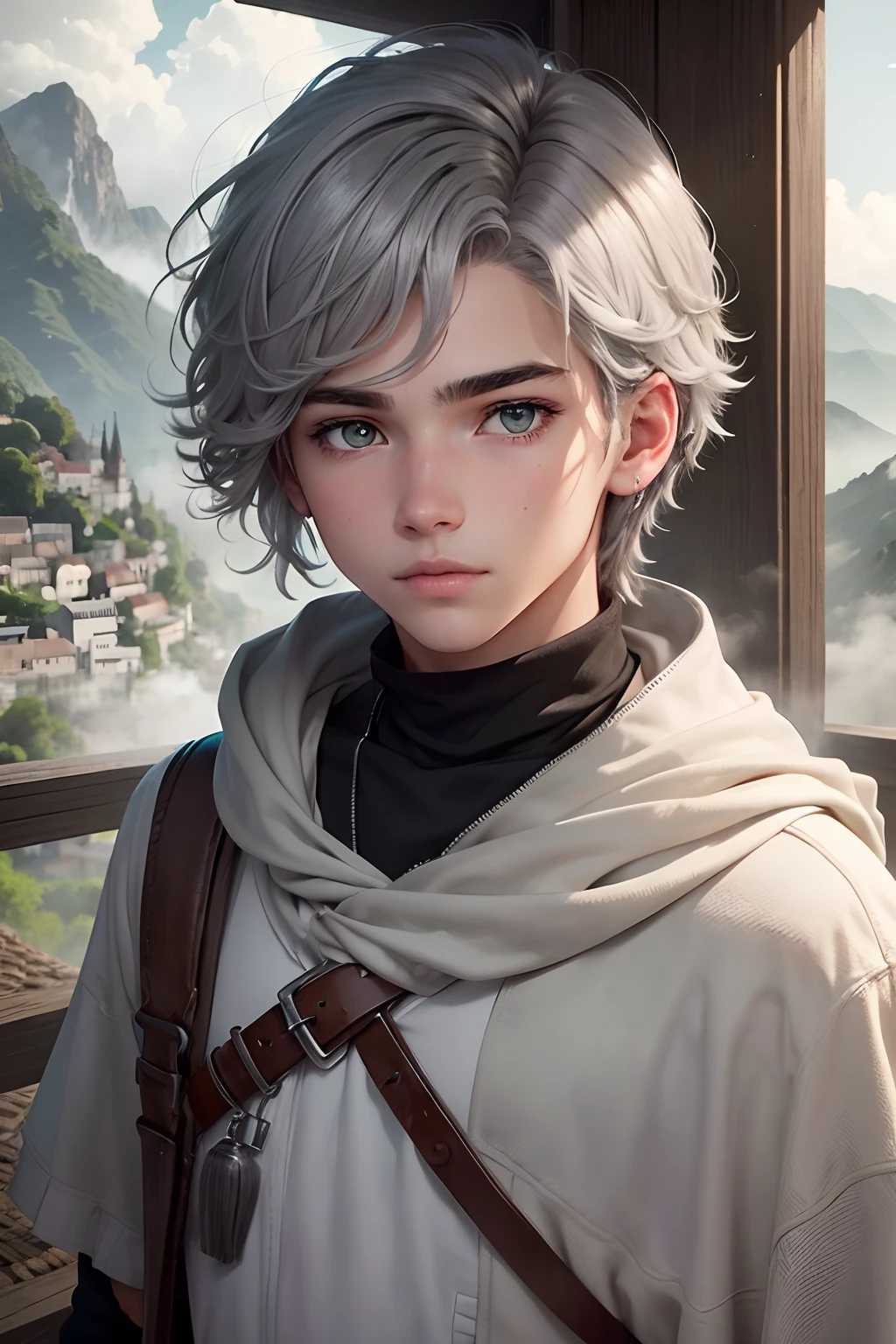 (Un joven con cabello gris plateado, Grey eyes in the background looks a village and green mountains fog and clouds come down from the handsome age sky) con cabello color plateado ojos grises