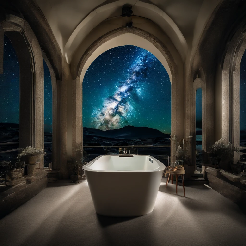 Master Parts、Superior Quality、superior image quality、The 8k quality、、Beautiful pictures of the starry sky、magnifica、(Arched Milky Way:1.9)、Golden futuristic city night view:1.9