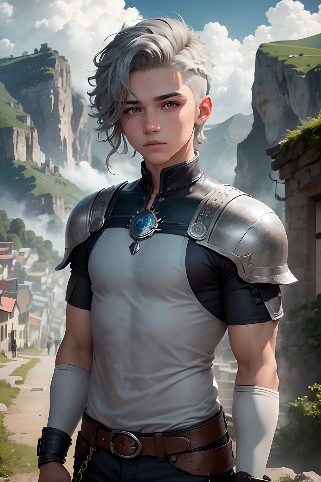 (Un joven con cabello gris plateado, The gray eyes in the background look like a village, and the green mist of the mountains and clouds come down from the beautiful age sky) viste de azul es masculino con cabello color plateado ojos grises