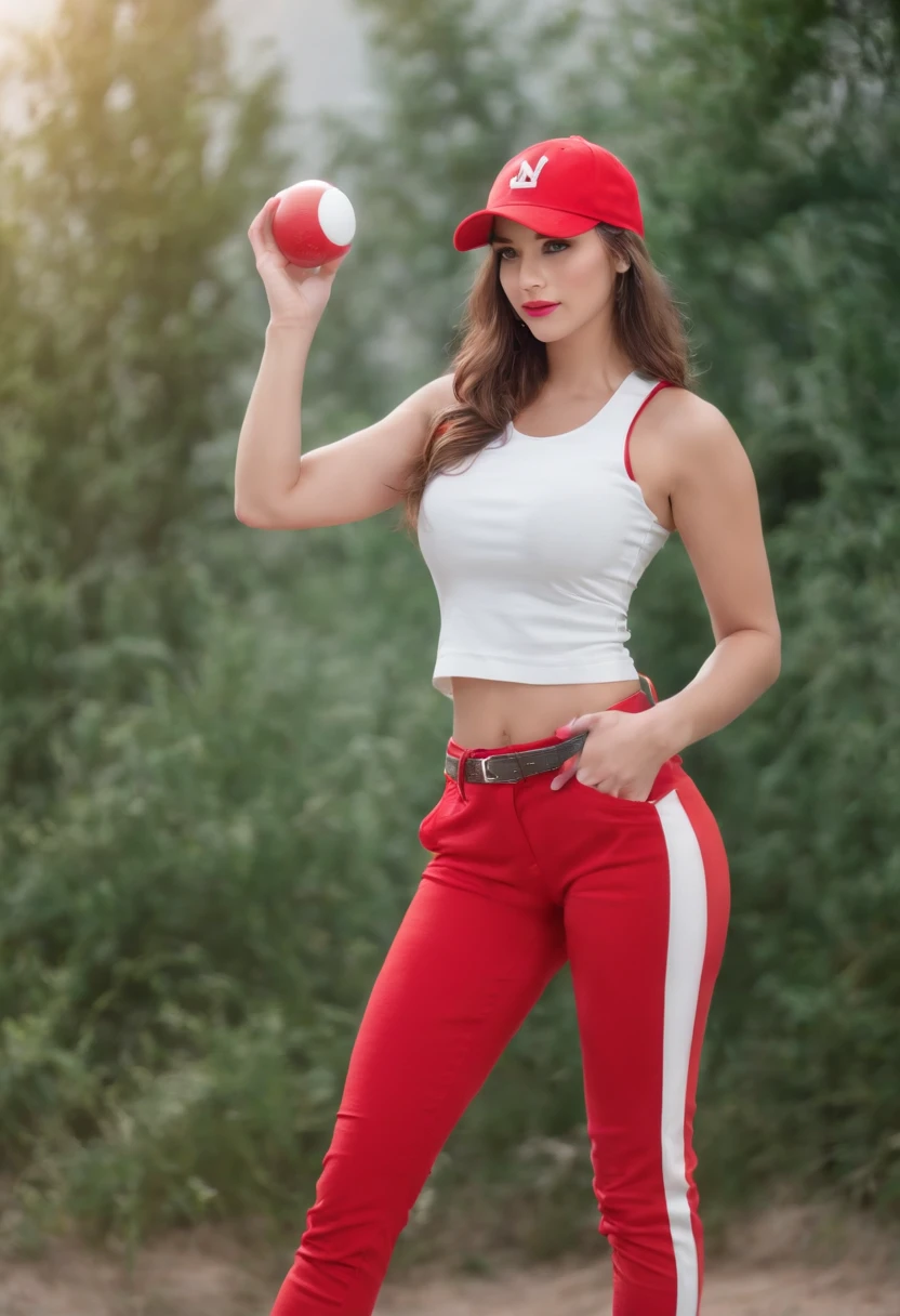 beautiful woman, Cuerpo extremadamente sexy, Senos medianos detallados, staring directly into camera, with a sexy look Red baseball cap.Pantalones cortos blancos con la mano derecha hacia adelante,Prendas de punto de cuello alto,gafas rojas,hi-res, 1mujerl,Pose con el brazo derecho estirado hacia adelante, solo,Holding a Poké Ball in your hands, ojos grises, cana, gafas rojas,red baseball cap, Cuello alto de punto rojo con mangas largas, pantalones cortos blancos, a belt, estadio, Deph de campo, La mejor sonrisa, Stick out the arm that holds the poké ball, poner las manos en la cadera,