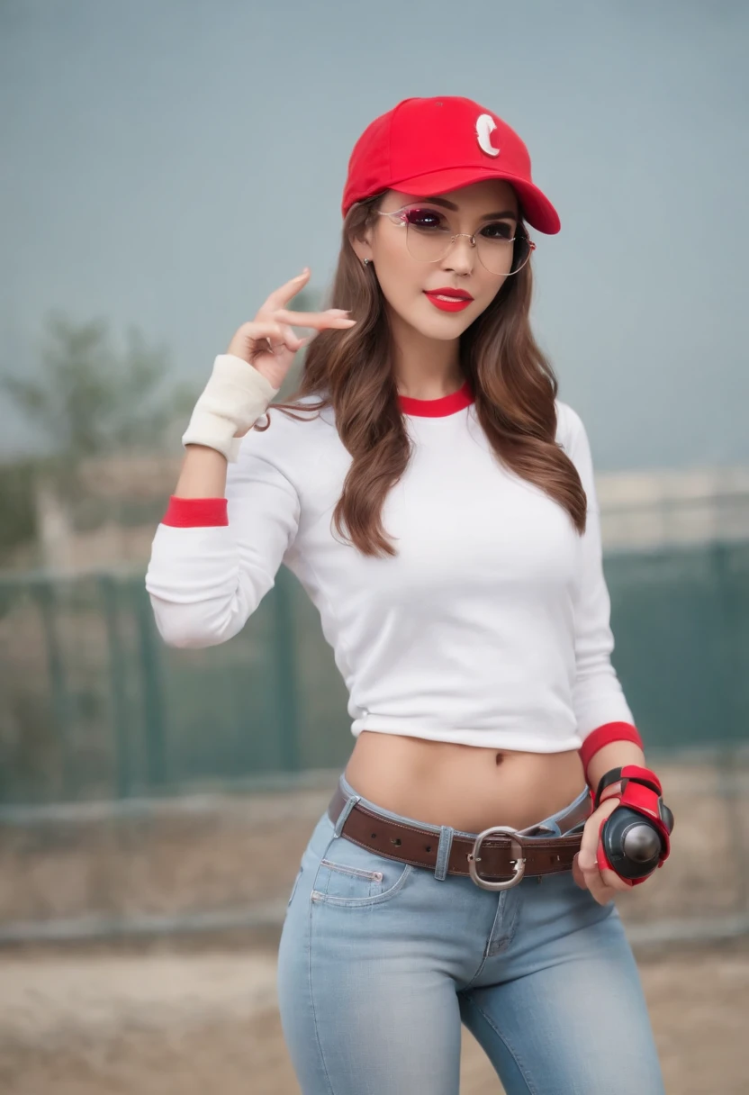 beautiful woman, Cuerpo extremadamente sexy, Senos medianos detallados, staring directly into camera, with a sexy look Red baseball cap.Pantalones cortos blancos con la mano derecha hacia adelante,Prendas de punto de cuello alto,gafas rojas,hi-res, 1mujerl,Pose con el brazo derecho estirado hacia adelante, solo,Holding a Poké Ball in your hands, ojos grises, cana, gafas rojas,red baseball cap, Cuello alto de punto rojo con mangas largas, pantalones cortos blancos, a belt, estadio, Deph de campo, La mejor sonrisa, Stick out the arm that holds the poké ball, poner las manos en la cadera,