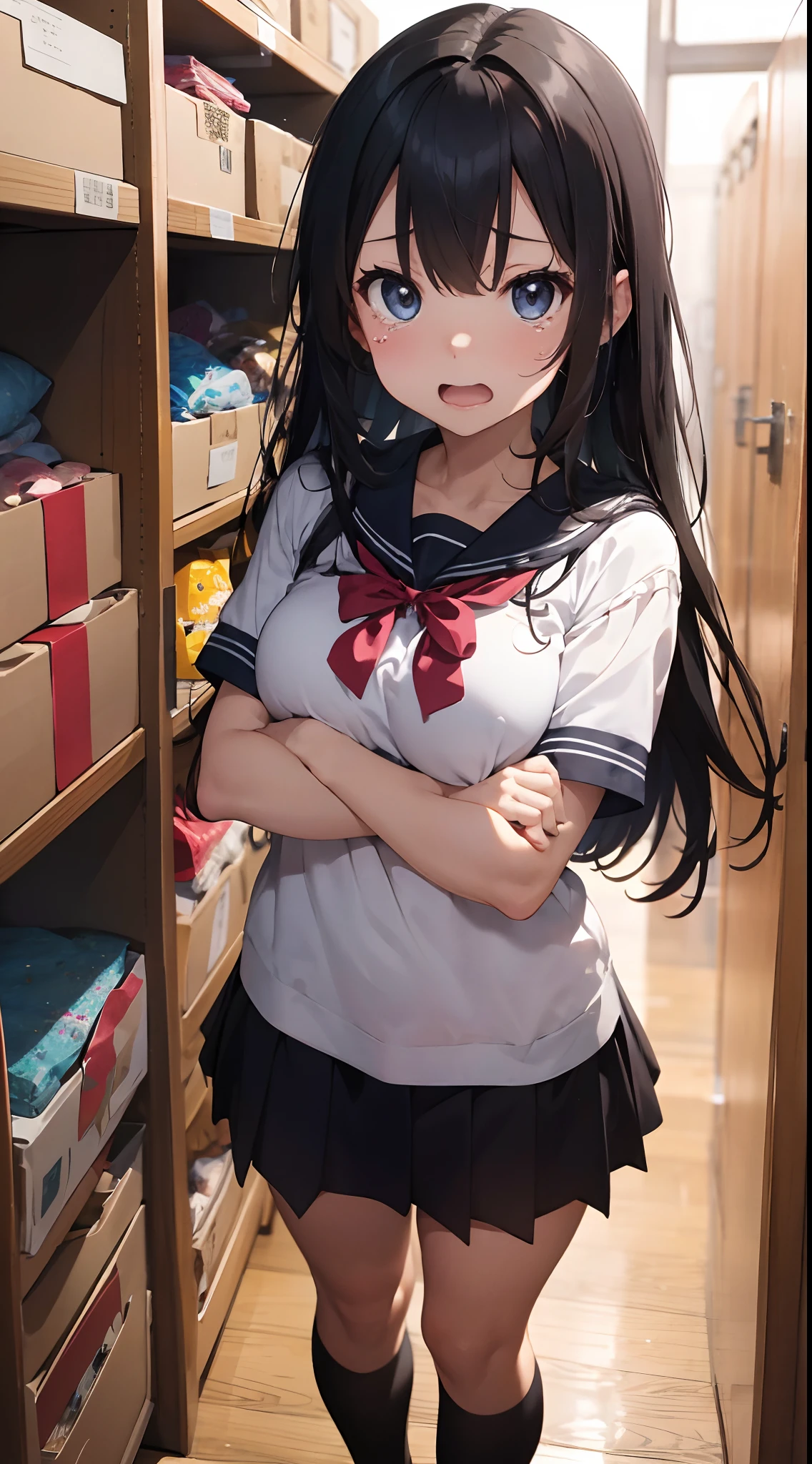 In a locker in the school hallway、The girl's name and date of birth are written on it。The locker is pink、Decorated with stickers such as hearts, Stars, Flowers, bow ribbon, Balloons, etc.。I have a gift, a cake, The card, etc. In the locker.、A message from a friend is written。 girl with：With a girl standing in front of a locker、hair is black and long,、Tied with a ribbon。The face is round and cute。Uniform is white and navy blue、Skirt above the knee、Socks should be white、It's below the knee。The shoes are black loafers。The girl had a surprised look on her face, Joy and emotions.、eyes wide open.、The mouth is wide open.、There were tears.、My cheeks are red.、My hands are on my chest.、the body is leaning forward。 Overreaction：The girl's surprised expression was、Impossibly overreacting.、Drawn like a manga or anime。NP、Eyes, Mouth, Tears, Cheeks and hands are drawn large
