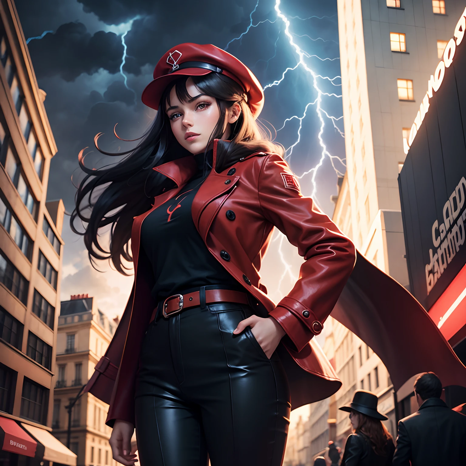 (realistic:0.2), anime illustration, 1girl,, red coat, big red hat, in paris france, sfw, black pants, black office shirt,, carmen sandiego,, blue sky,, long hair,, dramatic lightning, lights, epic lights, light on face, backlit, face light, lit face, fill lamp, fill light, ((masterpiece)), (carmen_sandiego_v1-1_shurik-2000:0.6)