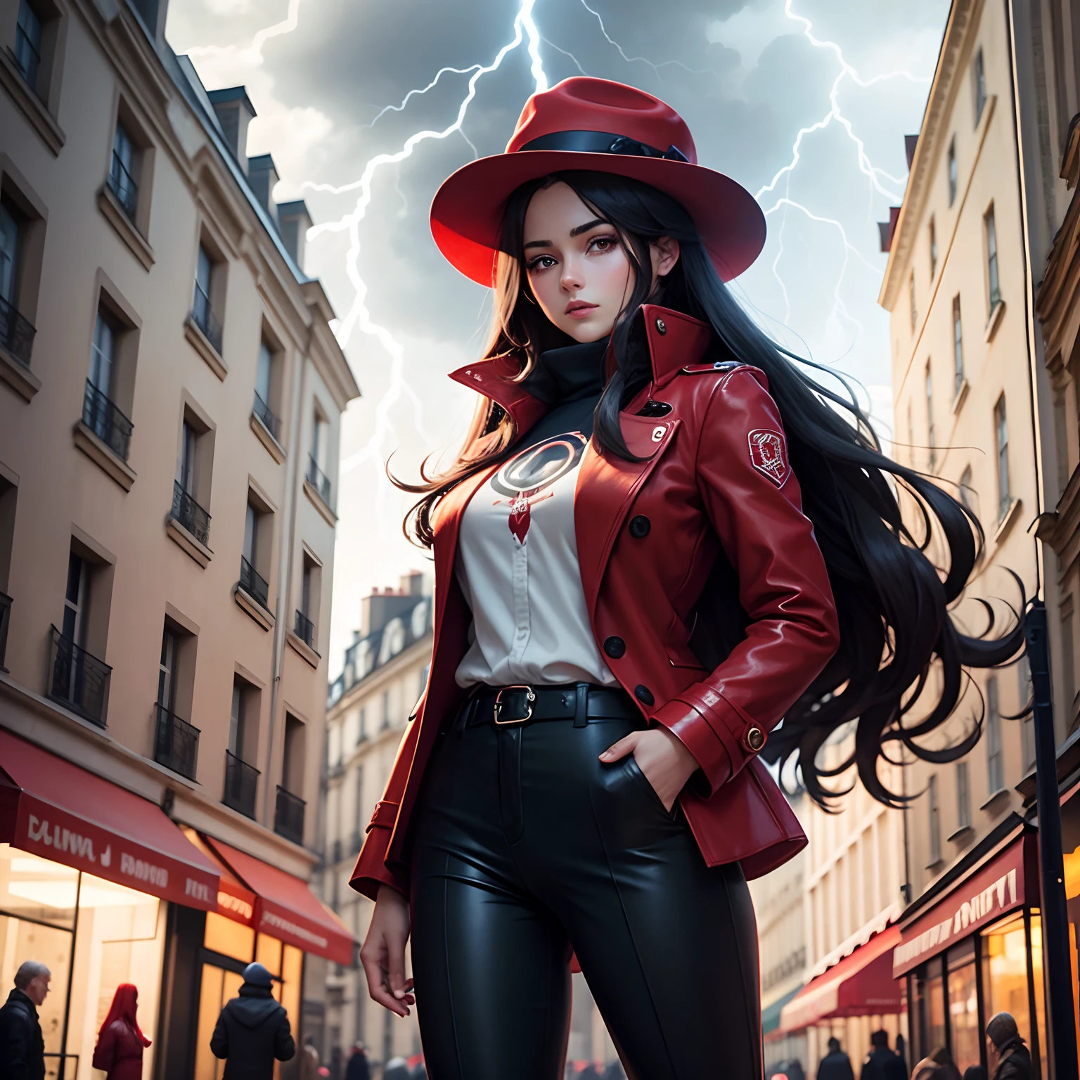 (realistic:0.2), anime illustration, 1girl,, red coat, big red hat, in paris france, sfw, black pants, black office shirt,, carmen sandiego,, blue sky,, long hair,, dramatic lightning, lights, epic lights, light on face, backlit, face light, lit face, fill lamp, fill light, ((masterpiece)), (carmen_sandiego_v1-1_shurik-2000:0.6)