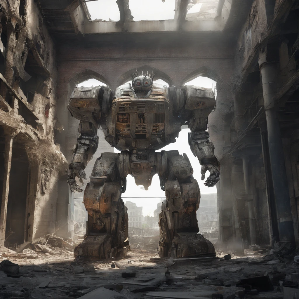 the Giant robot is in moving motion through a ruined building by Zaha Hadid, cinematic, high detail, octane render, studio ghibli --ar 16:9