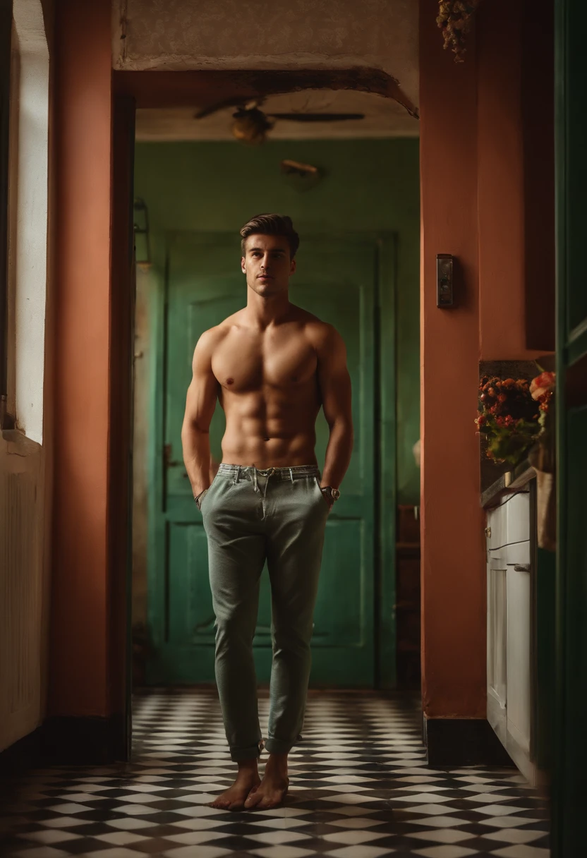 Homem branco jovem, bonito sem blusa, enfatizar ele estar apenas toalha na cintura. em frente a uma porta, dentro de um apartamento.