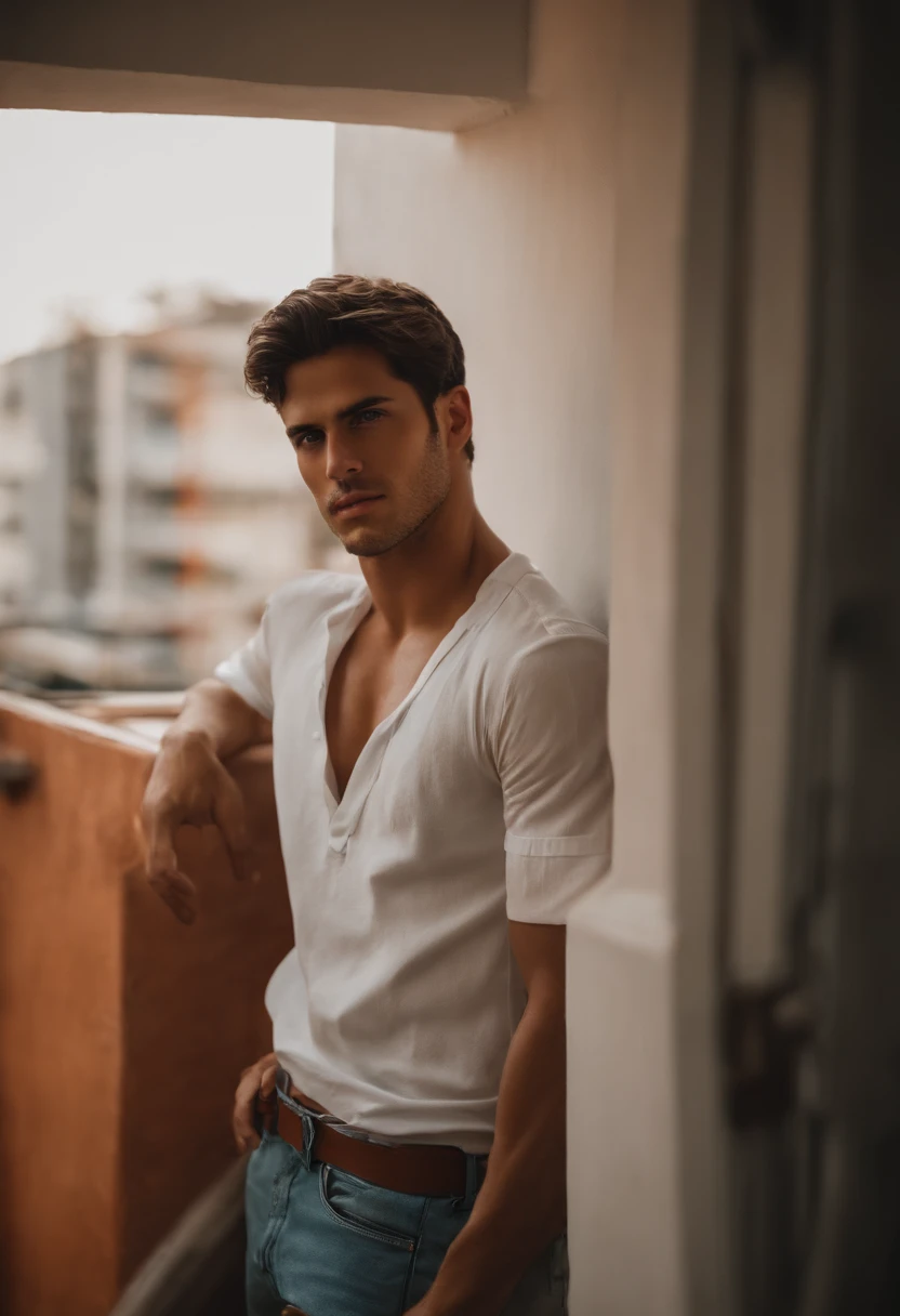 Homem branco jovem, bonito sem blusa, enfatizar ele estar apenas toalha na cintura. em frente a uma porta, dentro de um apartamento.