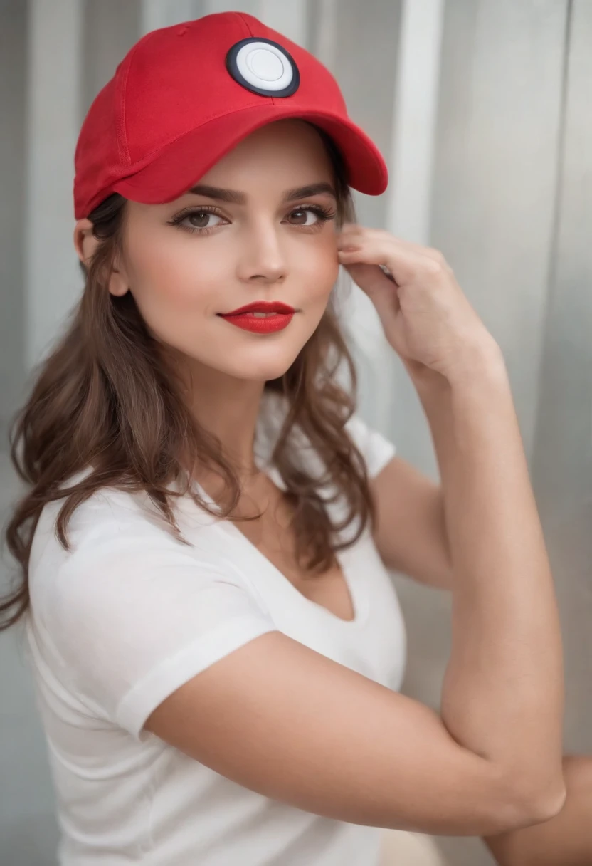 beautiful woman, Cuerpo extremadamente sexy, Senos enormes detallados, bikini, staring directly into camera, with a sexy look Red baseball cap.Pantalones cortos blancos con la mano derecha hacia adelante,Prendas de punto de cuello alto,gafas rojas,hi-res, 1mujerl,Pose con el brazo derecho estirado hacia adelante, solamente,Holding a Poké Ball in your hands, ojos grises, cana, gafas rojas,red baseball cap, Cuello alto de punto rojo con mangas largas, pantalones cortos blancos, a belt, estadio, Deph de campo, La mejor sonrisa, Stick out the arm that holds the poké ball, poner las manos en la cadera,