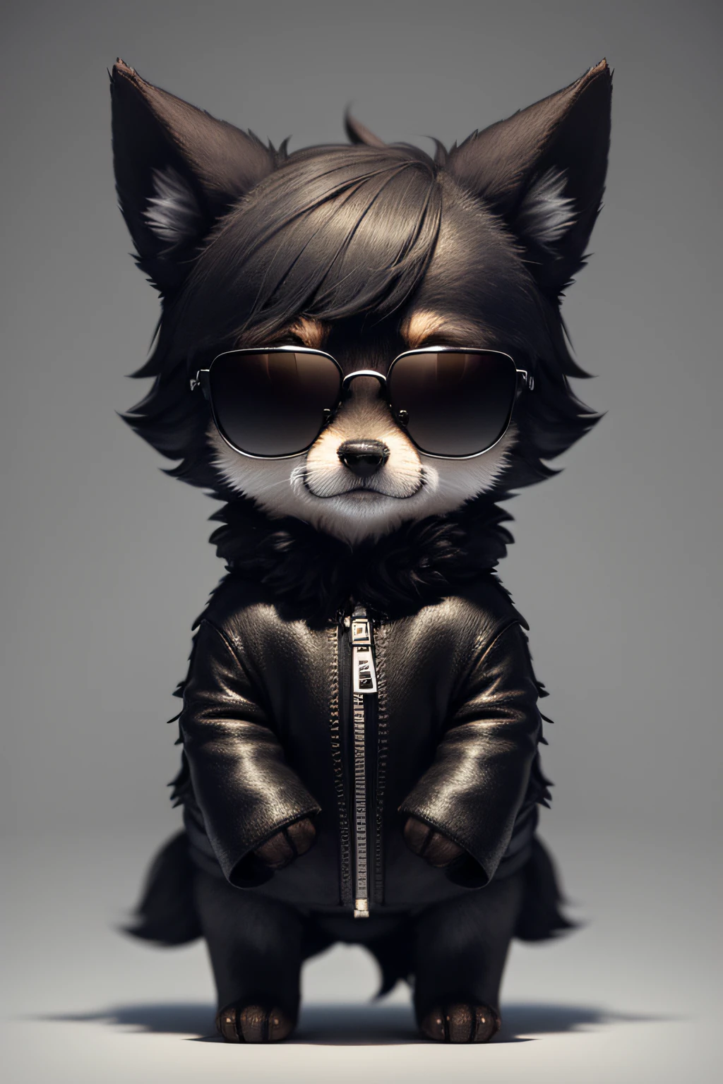 A very small miniature wolf with a full body in high definition with an all-black background wearing sunglasses without a jacket
