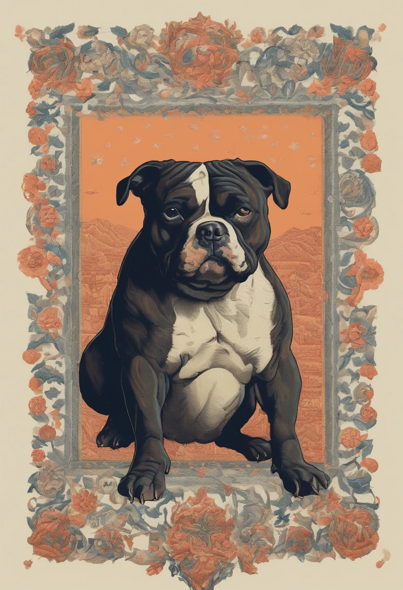 cinematic photo Embroidery of a smug, american bully indiferente, equiretangular 360, Romantic, arte por Michael Hutter . fotografia 35mm, Film, Bokeh, profissional, 4k, altamente detalhado