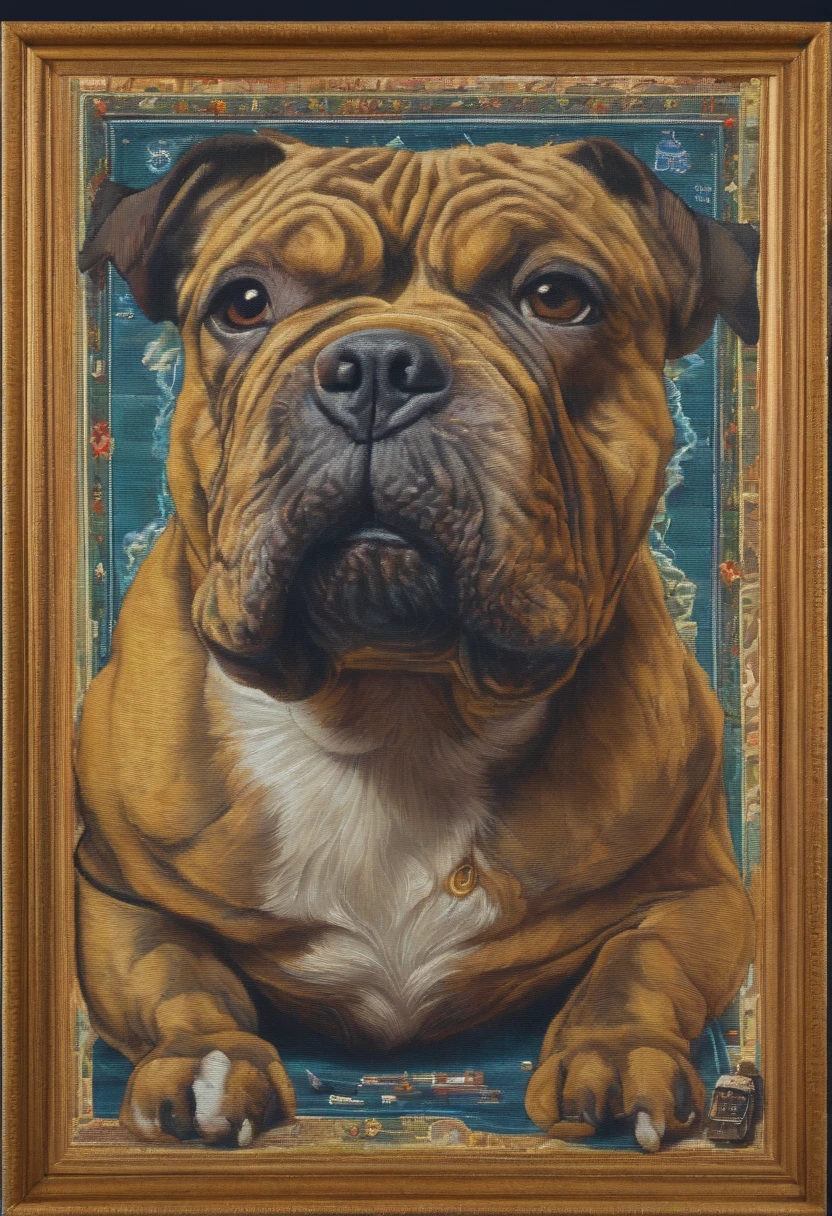 cinematic photo Embroidery of a smug, american bully indiferente, equiretangular 360, Romantic, arte por Michael Hutter . fotografia 35mm, Film, Bokeh, profissional, 4k, altamente detalhado