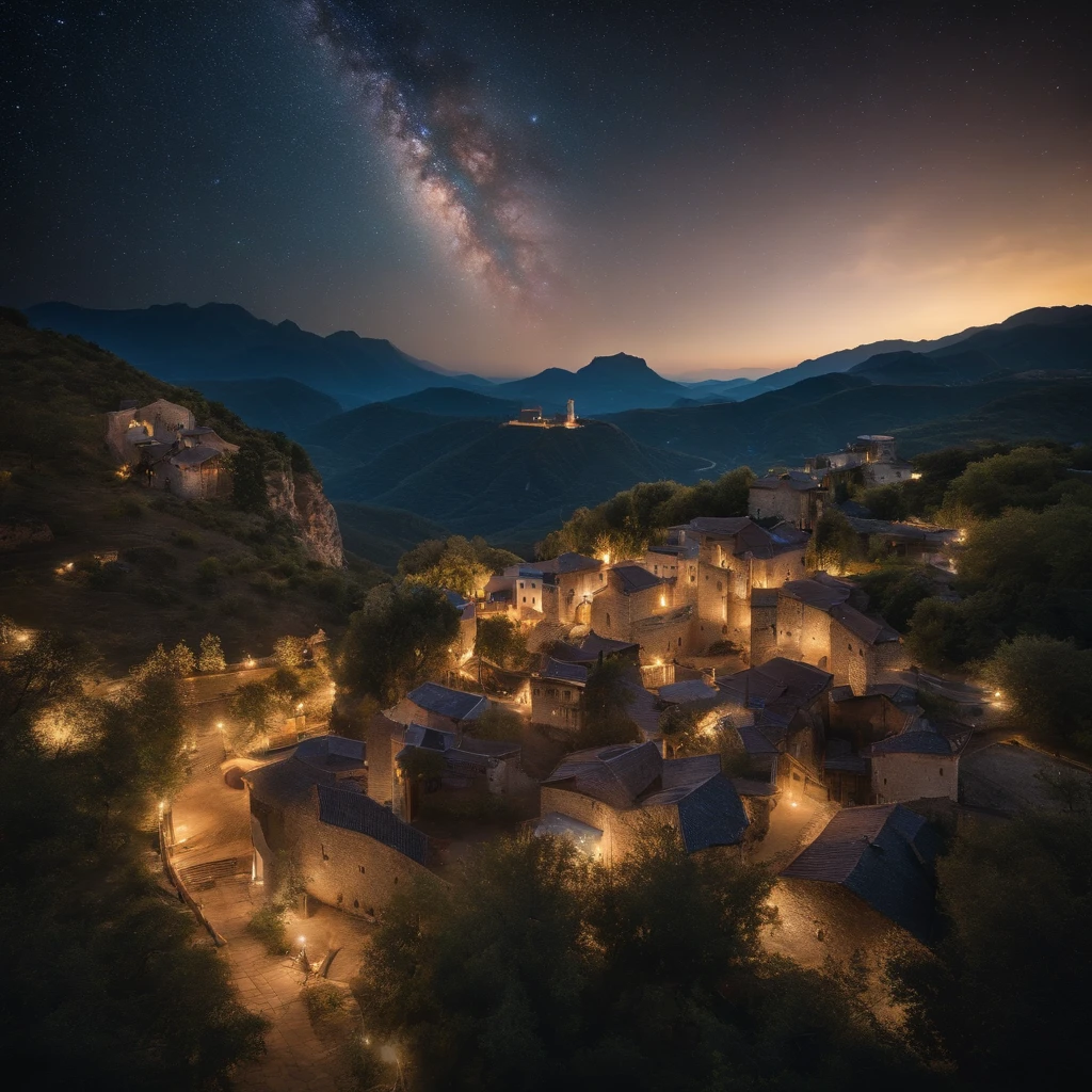 Master Parts、Superior Quality、superior image quality、The 8k quality、、Beautiful pictures of the starry sky、magnifica、Arched Milky Way:1.9、Golden City Night View:1.9