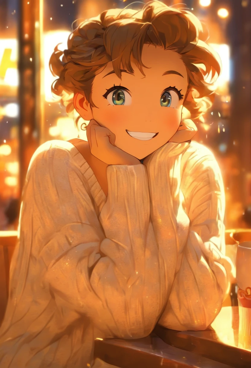 A beautiful and detailed portrait, happy, blue eyes, short brown hair, (white warm sweater:1.5), (tight skirt:1.5), sitting at a booth, (very fat:1.5), cityscape, inside, window, coffee shop, solo, bare shoulder, table, sitting across, point of view, cofee mug, night time, rain, raindrops on window, blushing