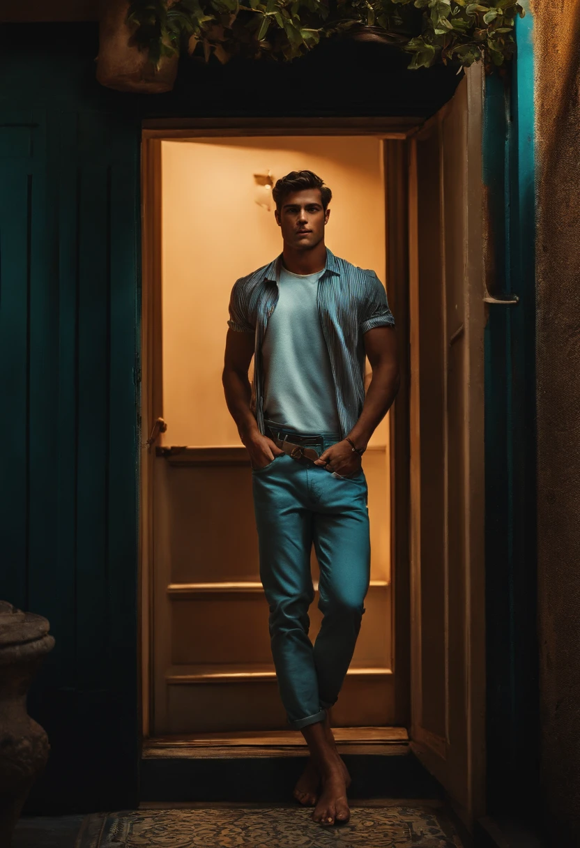 Homem branco jovem, bonito. Ele deve estar sem blusa, somente com uma toalha de banho na cintura. He must be standing at the door of an apartment.