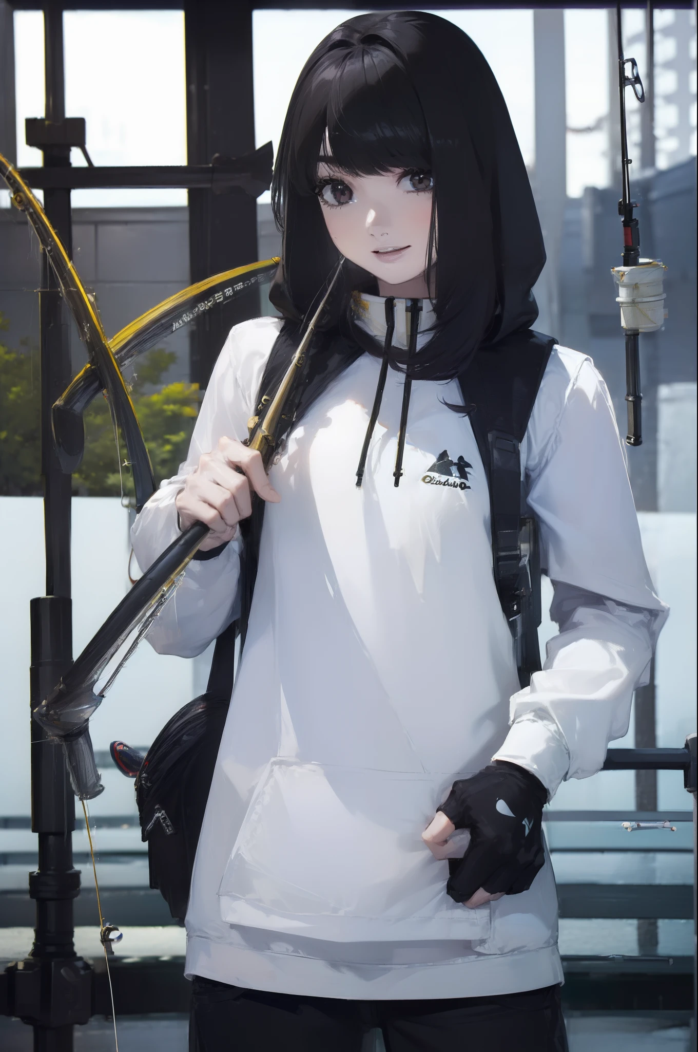 ((((Have a fishing rod with a reel:1.5)))),((Female 28 years old)),((Best Quality:1.5)),(((Fine fingers、Ratio 4 fingers and 1 thumb,detailed arms,detailed human hands))),(((Hands with the correct number and structure of fingers:1.4))),((Lakeside:1.37)),hight resolution,ultra-detailliert,masterpiece,best qualtiy,(Eight-headed body),(1 fishing rod,Holding a fishing rod in your hand,Fishing lure rod,Fishing Reel,with long sleeve hood,Outdoor Vest,parka,Long pants for fishing,Big backpack),thin and long legs,Beautiful hip line,Beautiful spine,constricted back,Toned waist,beutiful breast),,Gentle smile,shiny lip,(1 fishing rod,Straight stretch fishing rod,Long fishing rod,Woman fishing with fishing rod in hand),Black hair, long eyeslashes, Solid Circle Eyes, drop shadow, Atmospheric perspective,Super Detail, ccurate, small brest,top-quality, blurry backround, bokeh dof:1.2, (masterpiece:1.3), Atmospheric perspective,Super Detail,dynamic compositions, Ultra High Quality,