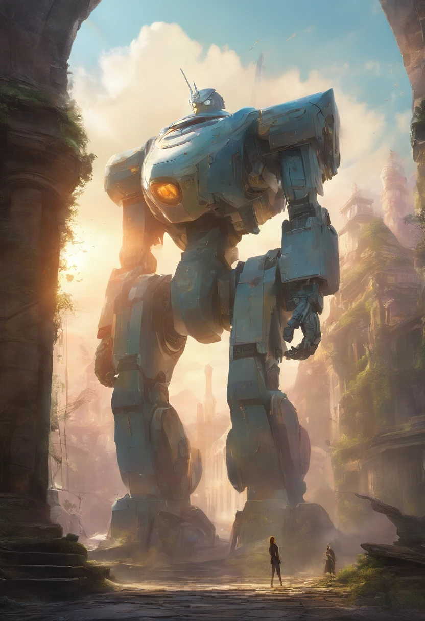 the Giant robot is in moving motion through a ruined building by Zaha Hadid, cinematic, high detail, octane render, studio ghibli --ar 16:9
