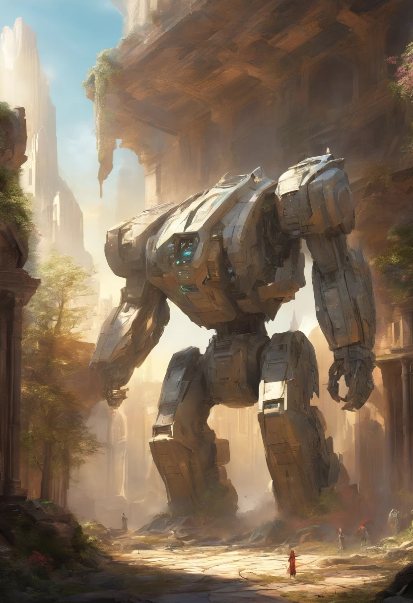 the Giant robot is in moving motion through a ruined building by Zaha Hadid, cinematic, high detail, octane render, studio ghibli --ar 16:9