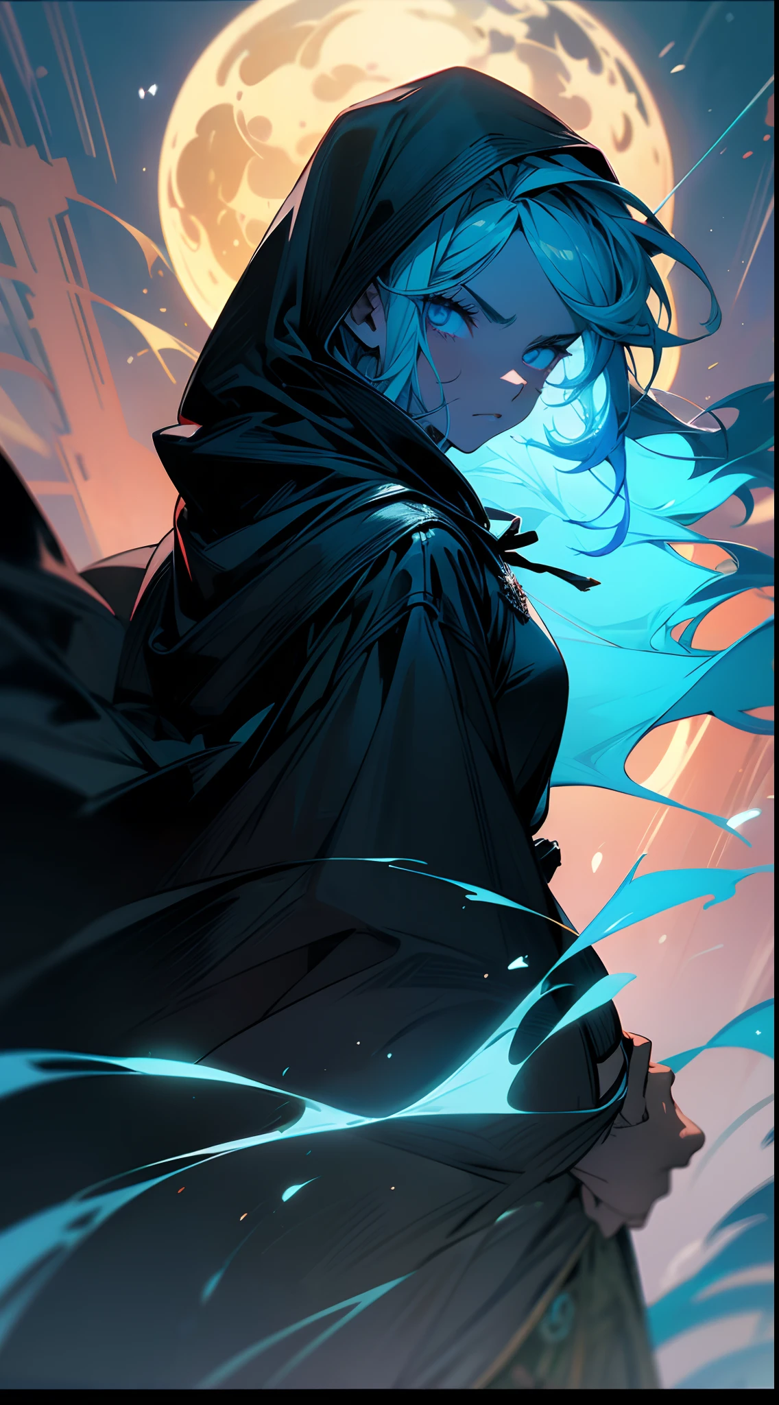 (masterpiece), best quality, expressive eyes, perfect face, a hooded witcher in the florest,moon backlight, 1man, ((close up front view)), blue hair, night BREAK badass, cinematic, night, epic, fantasy,dirty, trees, fog, hood, belt,leather clothing, black coat BREAK magic, spectral, dynamic,green spectral, witcher, high fantasy, ((villain, horror, scary, dark lord,)) BREAK he is wearing hood, a the image transmit a epic feeling, is a cinematic shot, is night,backlighting, BREAK (((solo, alone))),
