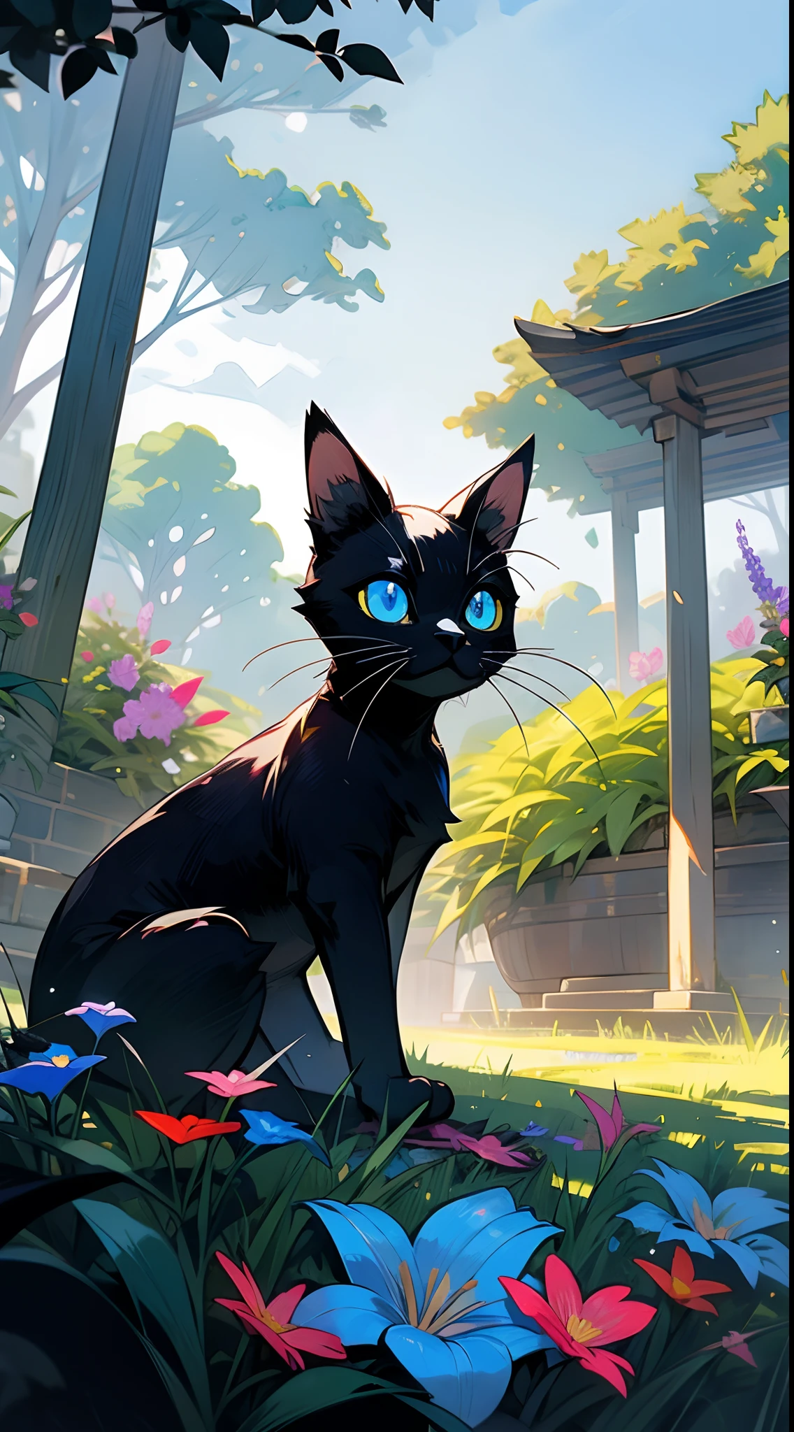 a cute black cat in a garden, grass, flowers, ground, low angle, beautiful light, gorgeous sky, cute cat, blue eyes, funy, amazing