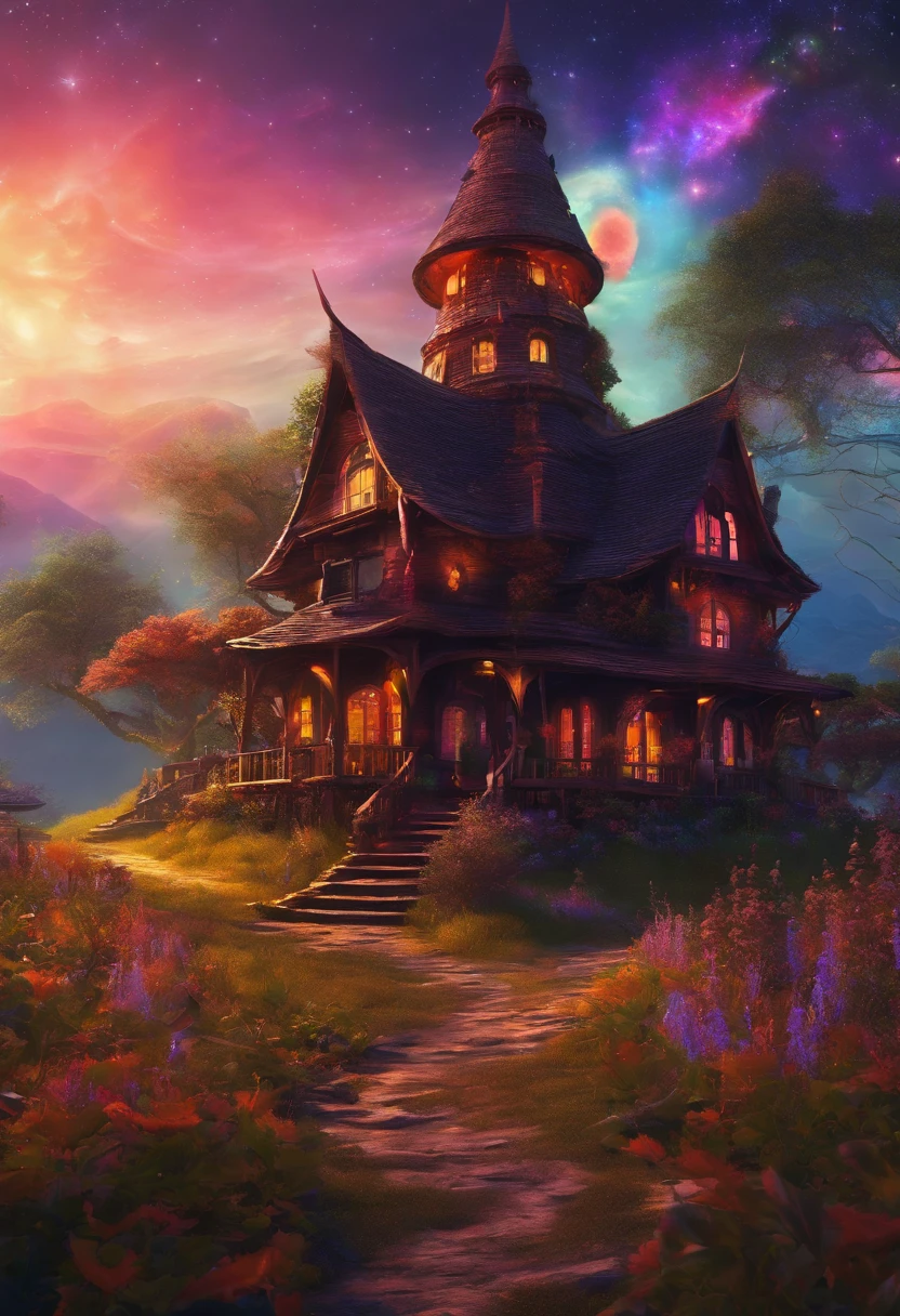 Showcase a scene of 1beautiful witch woman, future witch village, featuring virtual house, intelligent mentors, and the potential for interstellar learning. 8k