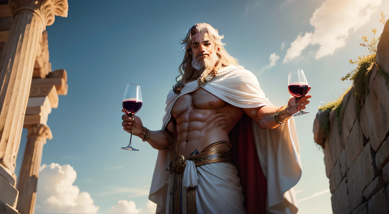 A majestic Zeus is in a setting set in ancient Greece, ao seu lado caminham alguns camponeses, Make the detailed face smile, his streaked cape swaying in the wind, holding a glass of wine.