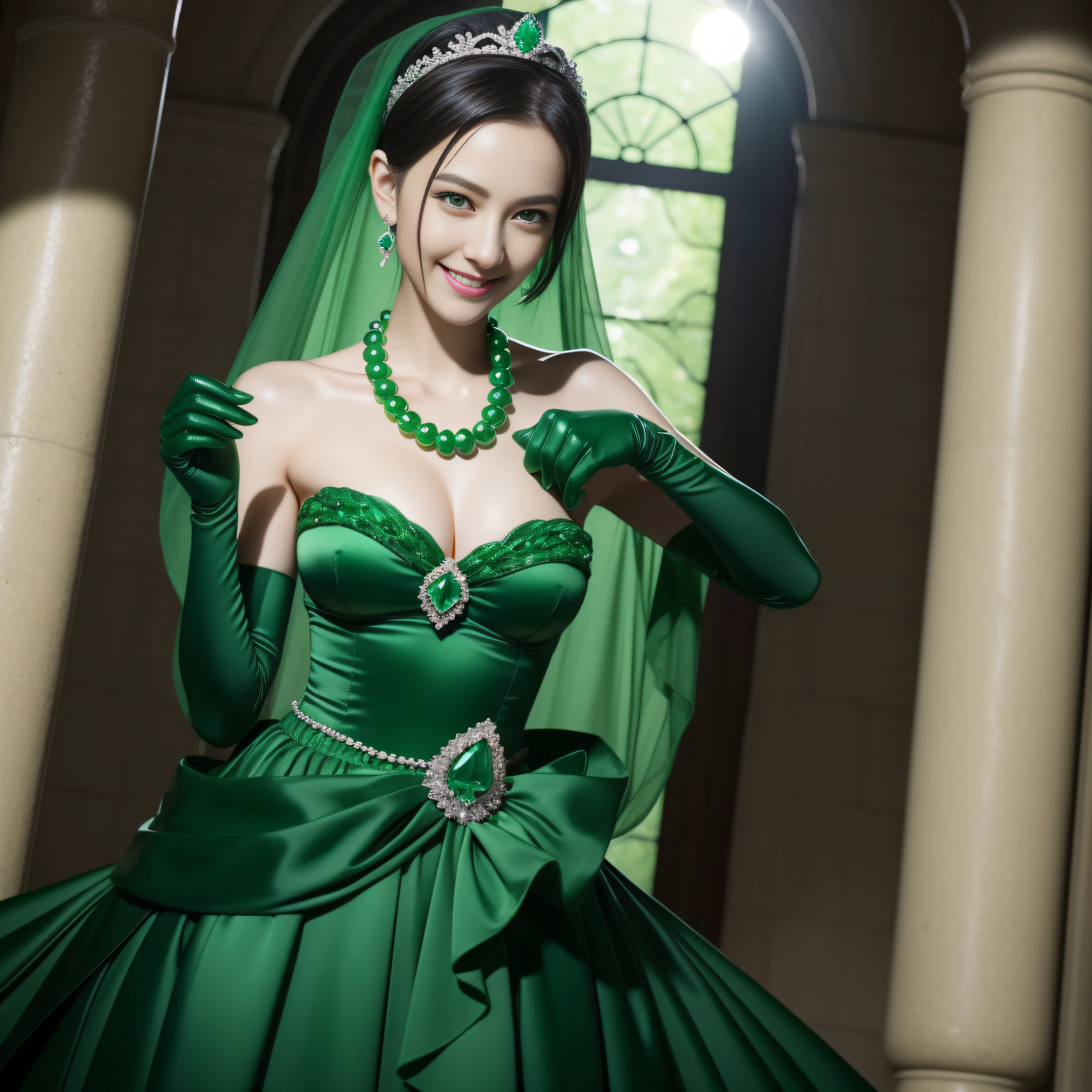 emerald tiara, Green Pearl Necklace, Boyish very short black hair, lipsticks, Japan woman smiling, very very short green hair, big breasts beautiful, Green eyes, Long green gloves e of satin material, Green eyes
