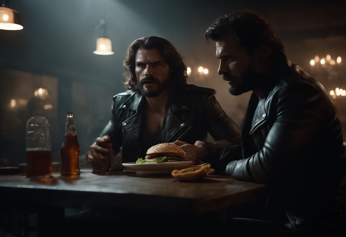 (best quality,4k,8k,highres,masterpiece:1.2),ultra-detailed,(realistic,photorealistic,photo-realistic:1.37),badass masculine werewolf,smoky diner,gloomy atmosphere,hairy paws,fierce expression,muscled physique,intense eyes,sharp teeth,powerful stance,leather biker jacket,hungry growls,facial scars,moonlit exterior,industrial surroundings,creepy shadows,dramatic lighting,cheeseburger with chopsticks,Creature Design by Rob Bottin
