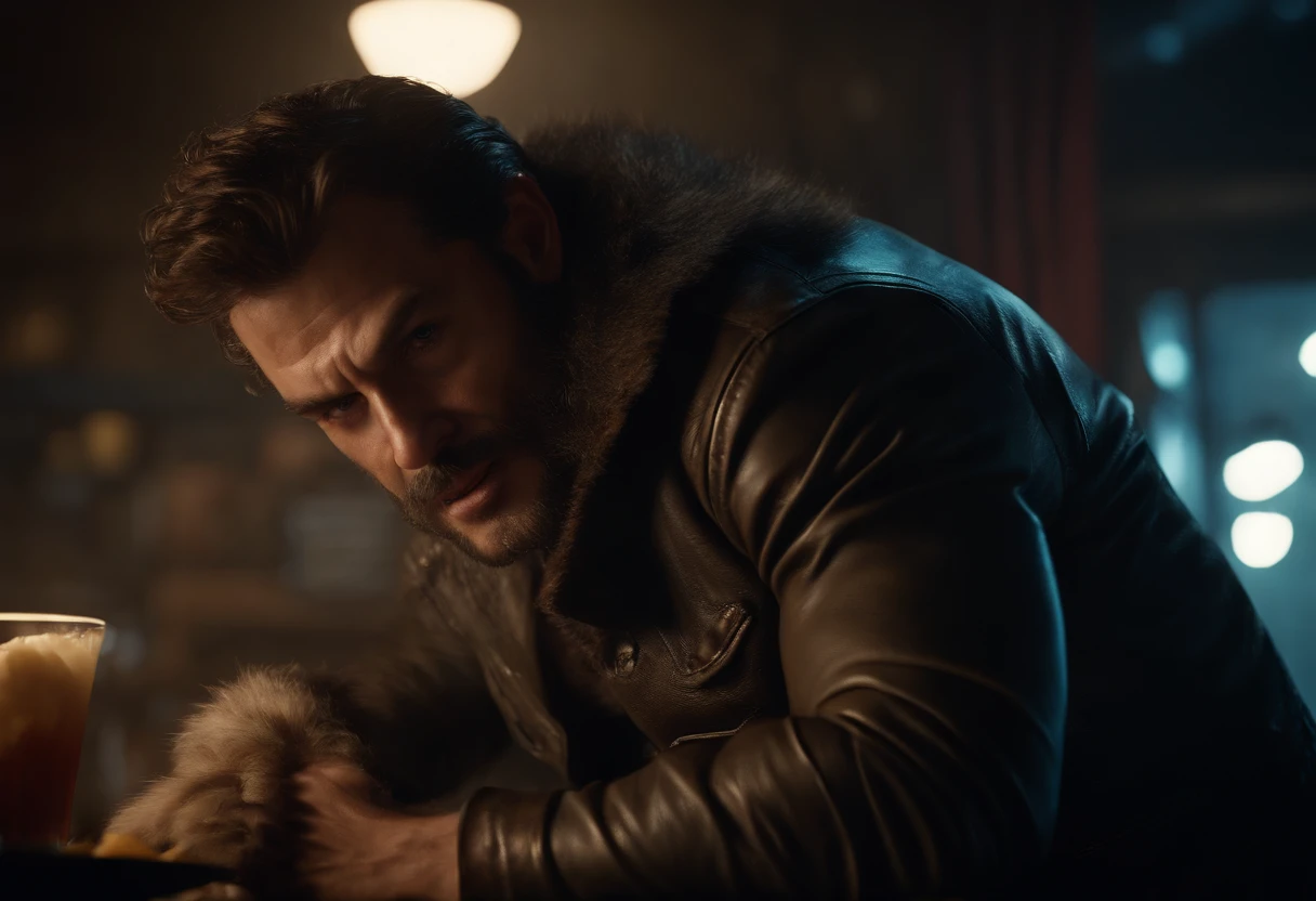 (best quality,4k,8k,highres,masterpiece:1.2),ultra-detailed,(realistic,photorealistic,photo-realistic:1.37),badass masculine werewolf,smoky diner,gloomy atmosphere,hairy paws,fierce expression,muscled physique,intense eyes,sharp teeth,powerful stance,leather biker jacket,hungry growls,facial scars,moonlit exterior,industrial surroundings,creepy shadows,dramatic lighting,cheeseburger with chopsticks,Creature Design by Rob Bottin
