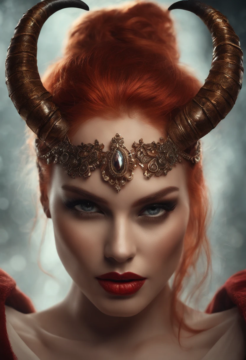 highly detailed, seductive erotic female with horns and scratched face, (busty, red hair), centered on the face, face focused, intricate eyes,