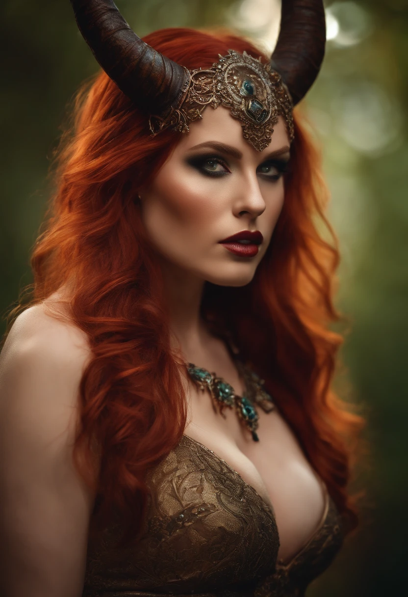 highly detailed, seductive erotic female with horns and scratched face, (busty, red hair), centered on the face, face focused, intricate eyes,