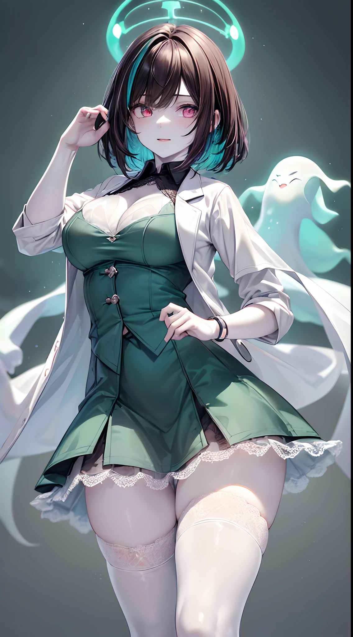 (ghosty:1.85) (doctor:1.5) (nurse:0.65) girl, (white doctor coat:1.4), (spirit, spiritual:1.2), 1girl, perfect and well designed glowing shiny eyes, (beautiful detailed eyes:1.05), natural medium breasts, slim body, beautiful and delicate cute face, (face detail), ((realistic face)), pores, ((pale grey skin)), detailed skin, realistic skin, (((bioluminescence))), ((shiny skin)), (multicolored gradation skin), (monster girl:1.25), human face, medium length hair, hair voluminous, (((((multicolored gradation hair))))), (dark-haired:1.75), super high resolution, 8k, parameters Best quality, (masterpiece:1.4), (magic accessories:1.4), bracelets, extremely detailed thick tight ((white:1.5), (green:1.2), (pink:0.5)) (medical uniform:1.5), (shirt:1.7), (skirt:1.3), (dark lace stockings:1.6), (standing nipples under cloth:1.2), (neckline:1.3), (cleavage:1.4), (decolette:1.5), Young Girl, Little Beast, (Smile:0.9), (pale Skin:1.85), ultra detailed, photorealistic, ((Real image)), (best quality:1.4), super high resolution, (Realistic 2.0), More details, (((1girl))), {(medical ward:1.2)|(doctor office:1.2)}, (beautiful and aesthetic:1.2), (fractal art:1.4), (cinematic light:1.1), (DUTCH ANGLE:1.2), full body, 16K, HDR, RTX, Ray Tracing, Radiosity, Anisotropic Filtering, Subsurface Scattering, (((magic lights))), metallic reflections, Detailed, Realistic, 4k highly detailed digital art, (cool_color), extremely detailed CG unity 8k wallpaper, vibrant colors, (seductive pose:1.6)