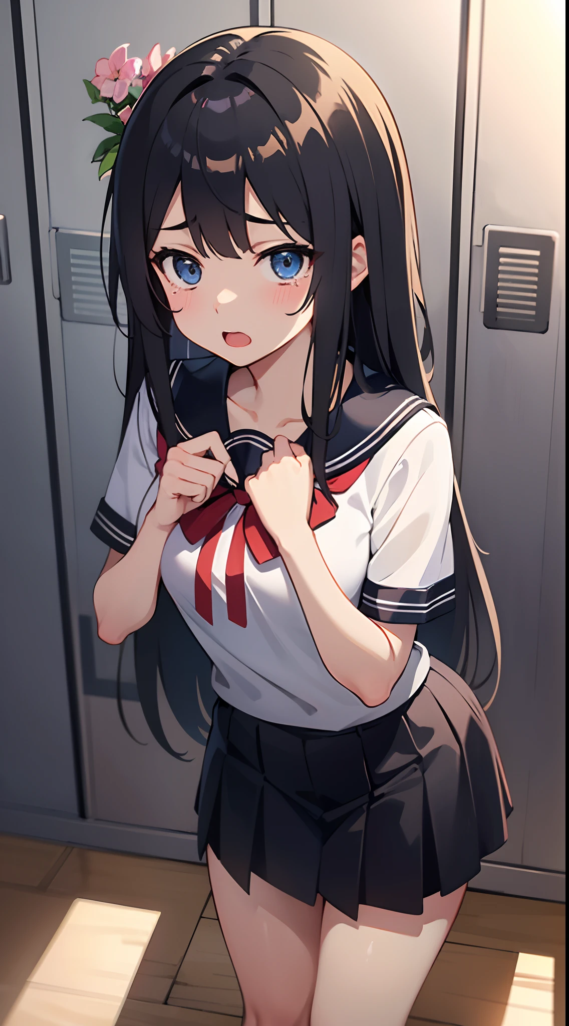 (8K、Highest image quality、highest quality、masterpiece)、detailed face、1 girl、black hair、twintails、blunt bangs、light blue eyes、earrings、blush、open mouth、tooth、small breasts、serafuku、navy blue mini skirt、((skirt lift))、((light blue striped panties))、cowboy shot、Locker Room Background