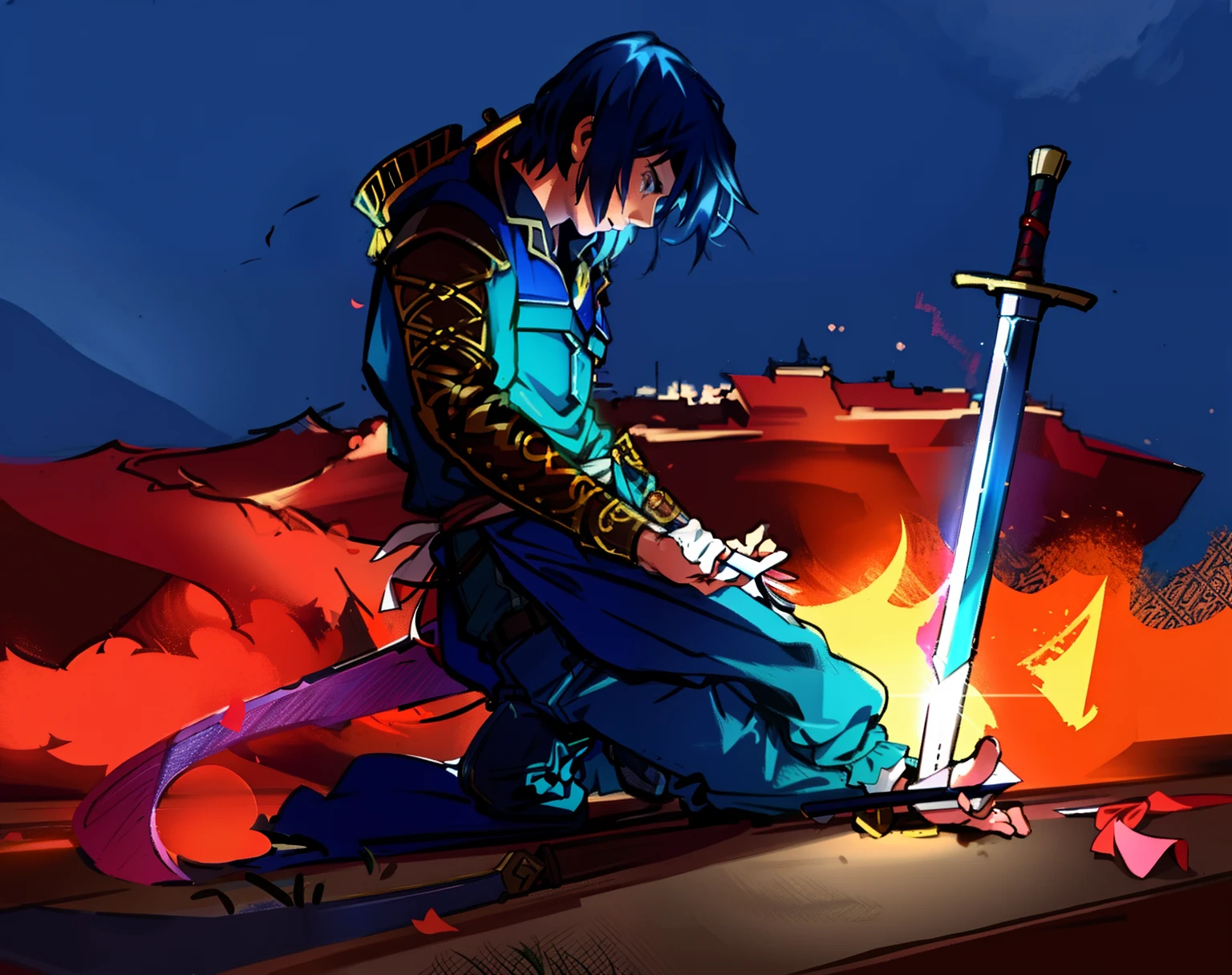 a drawing of a man on his knees with a sword in front, pose of defeat, realistic coloring, cinematic coloring, dramatic color