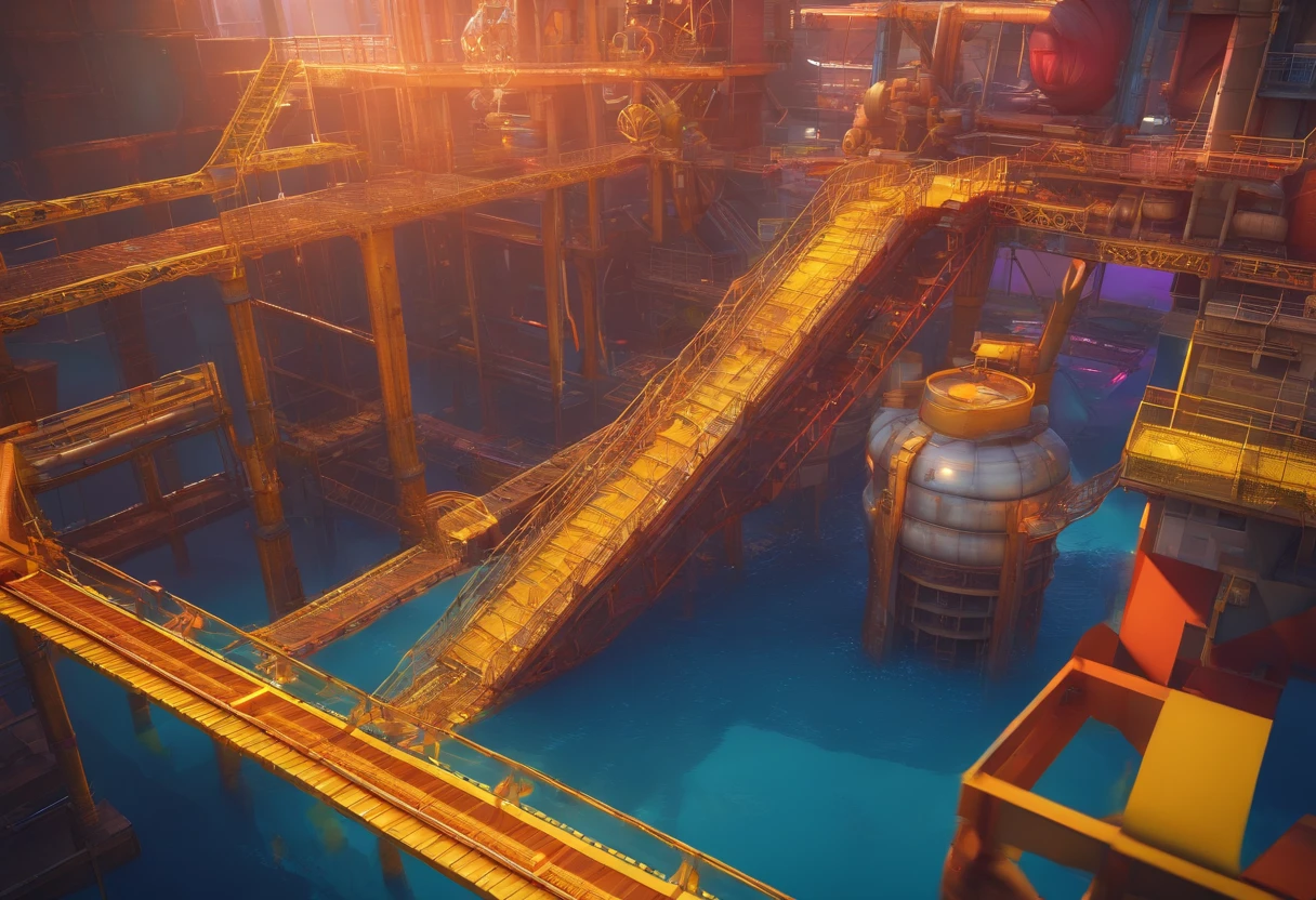 (best quality,4k,8k,highres,masterpiece:1.2),ultra-detailed,(realistic,photorealistic,photo-realistic:1.37),factory,Donkey Kong Country,retro game,3D rendering,industrial,colorful,gritty,dark,imposing,intense,pipes,conveyor belts,jumping platforms,barrels,ladders,mechanical devices,steam,metallic structures,staircases,huge gears,environmental hazards,smokestacks,explosions,construction site,flying sparks,highly saturated colors,moody lighting
