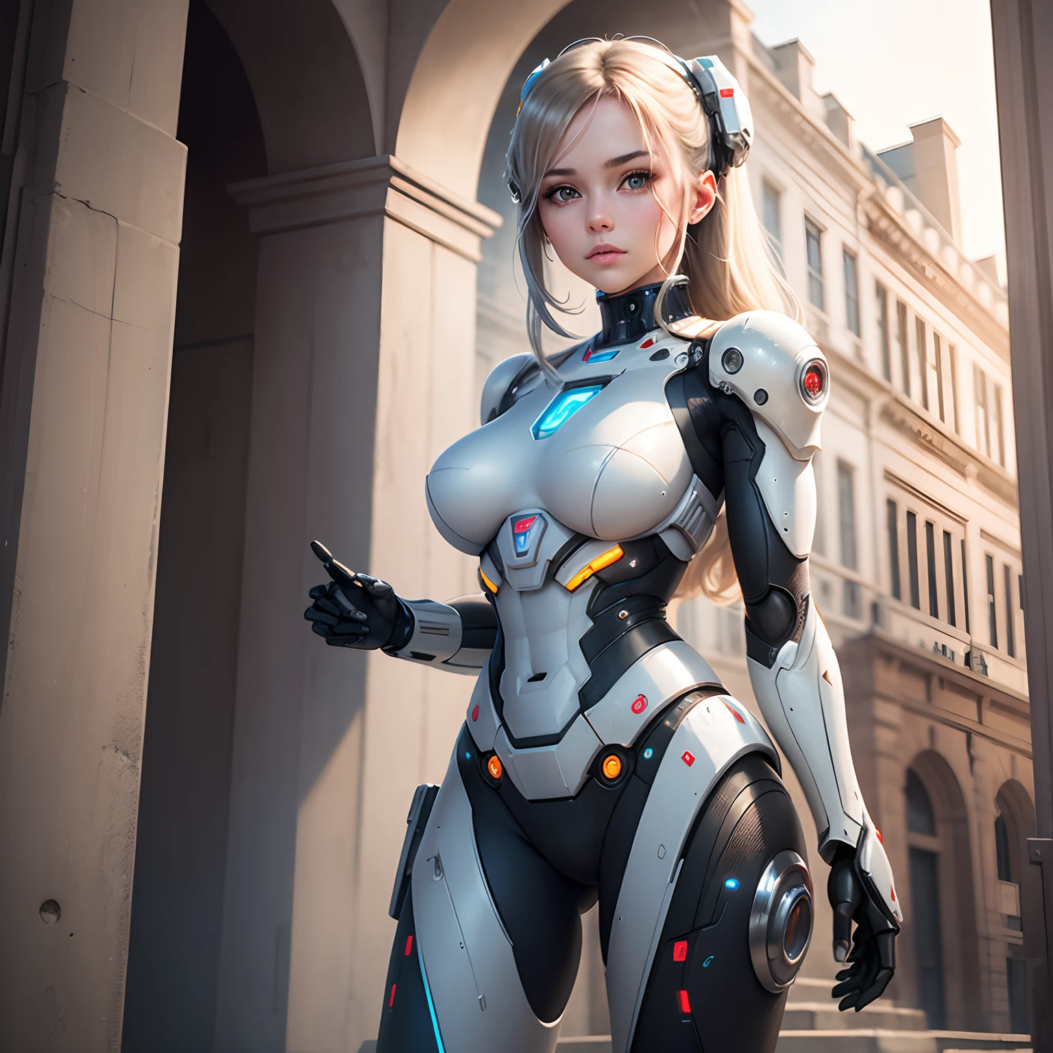 There is a woman in robot suit posing next to ancient building, beautiful white girl half-cyborg, cute cyborg girl, beautiful girl cyborg, perfect robot girl, cyborg girl, young cyborg lady, beautiful female robot, beautiful robot woman, cyborg-girl, perfect cyborg female, porcelain cyborg, female robot, beautiful cyborg image