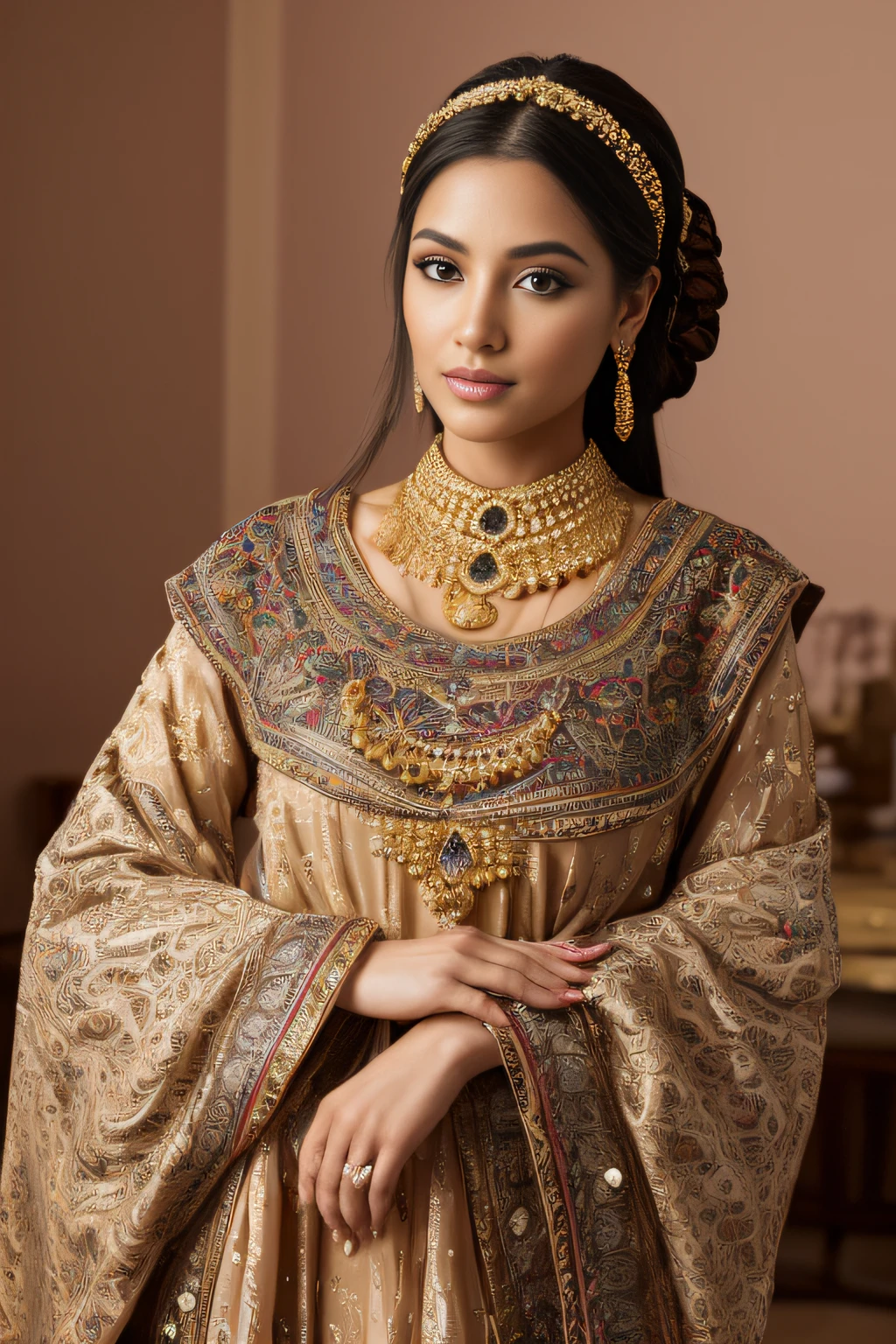 a full length portrait, 35mm nikkor, nikon d7100, beautiful detailed eyes, glossy lips, elegant hairstyle, confident and alluring gaze, vibrant makeup, delicate jewelry, graceful posture, surrounded by vibrant colors, traditional Moroccan patterns, soft and warm lighting, rich cultural background. (best quality, highres), (portrait, fashion, cultural), vibrant colors, exotic atmosphere. less warm, curvy:0.3