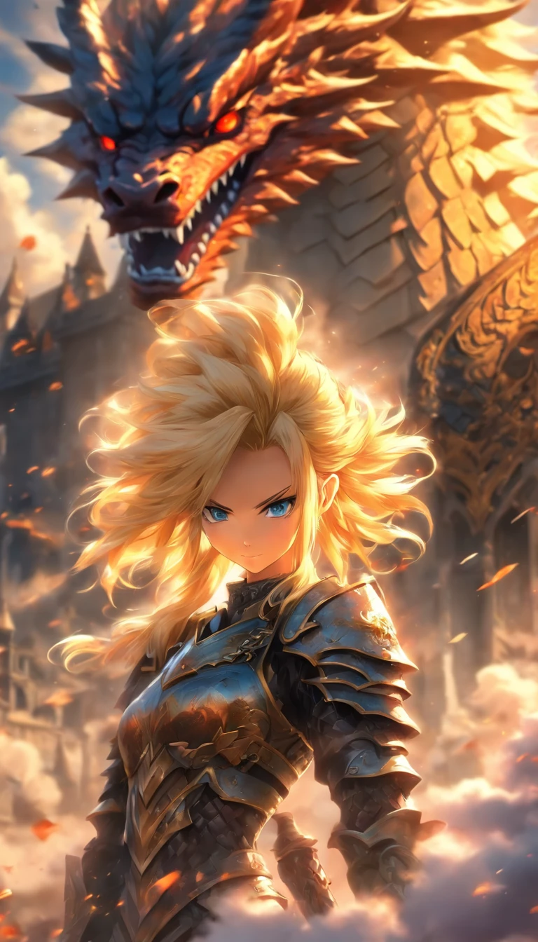 1 girl blonde slim big, Black armor in the left hand, a long sword, in der Rechten einen Speer im hintergrund ein, Drache, Wolken Schloss, UHD, masterpiece, high details, highres, best quality, 8k