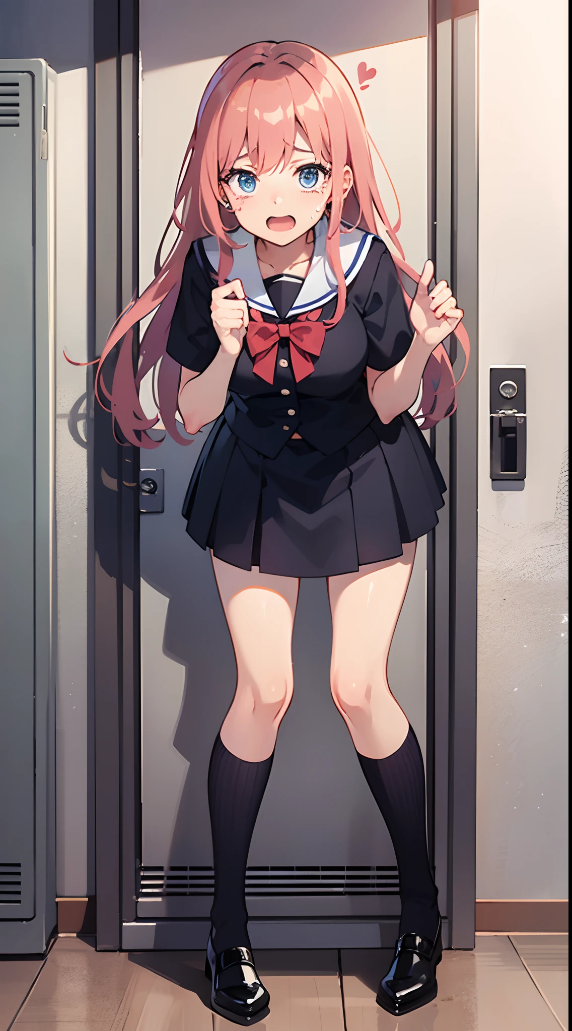 In a locker in the school hallway、The girl's name and date of birth are written on it。The locker is pink、Decorated with stickers such as hearts, Stars, Flowers, bow ribbon, Balloons, etc.。I have a gift, a cake, The card, etc. In the locker.、A message from a friend is written。 girl with:With a girl standing in front of a locker、hair is black and long,、Tied with a ribbon。The face is round and cute。Uniform is white and navy blue、Skirt above the knee、Socks should be white、It's below the knee。The shoes are black loafers。The girl had a surprised look on her face, Joy and emotions.、eyes wide open.、The mouth is wide open.、There were tears.、My cheeks are red.、My hands are on my chest.、the body is leaning forward。 Overreaction:The girl's surprised expression was、Impossibly overreacting.、Drawn like a manga or anime。NP、Eyes, Mouth, Tears, Cheeks and hands are drawn large