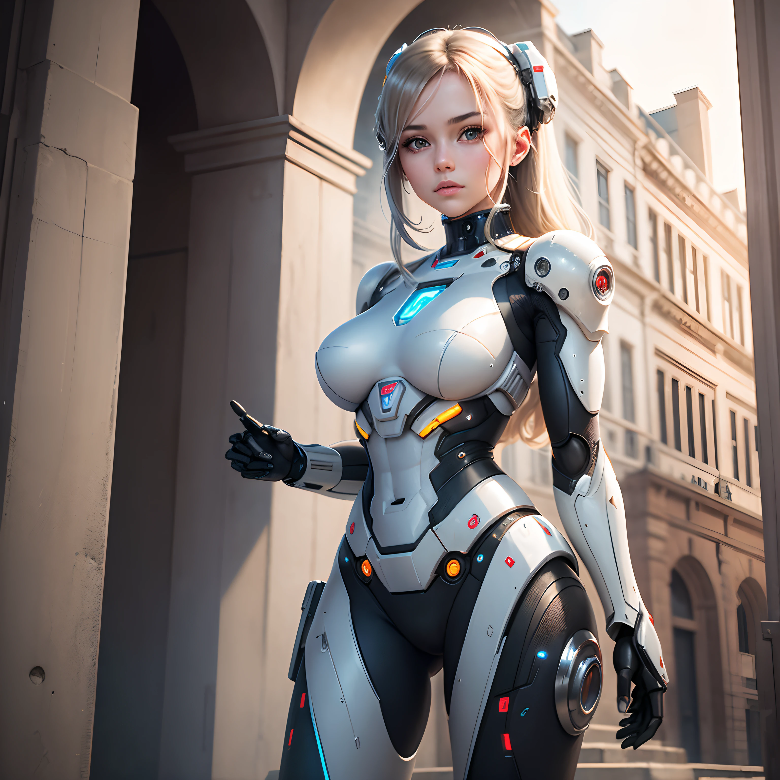 There is a woman in robot suit posing next to ancient building, beautiful white girl half-cyborg, cute cyborg girl, beautiful girl cyborg, perfect robot girl, cyborg girl, young cyborg lady, beautiful female robot, beautiful robot woman, cyborg-girl, perfect cyborg female, porcelain cyborg, female robot, beautiful cyborg image
