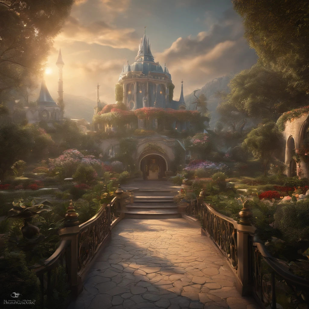 Fairy tales, Neverland city. reality is an illusion. a beautiful landscape combined with a large futuristc pattern. magical atmosphere, lightness, airiness. oil painting., trending on artstation, sharp focus, studio photo, intricate details, highly detailed, by greg rutkowski