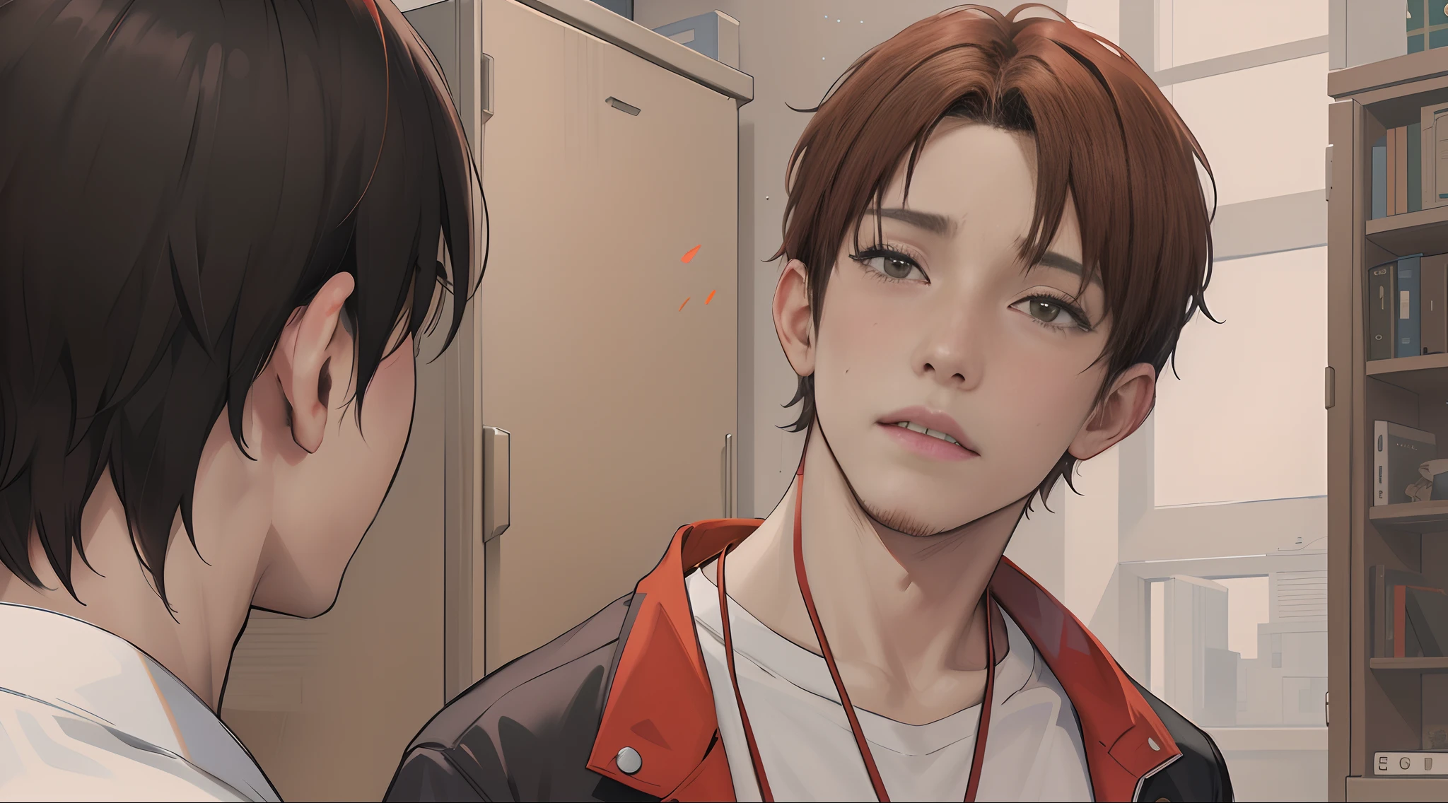 Chico de anime con cabello rojo y una camisa blanca mirando a otro chico, Obras de arte al estilo de Guweiz, realistic artistic style, digital anime illustration, realistic anime artstyle, realismo artstyle, inspirado por Yanjun Cheng, Estilo de realismo de anime, Pintado en Anime Painter Studio, Arte detallado del anime digital, Anime CG arte suave, Estilo anime semirealista