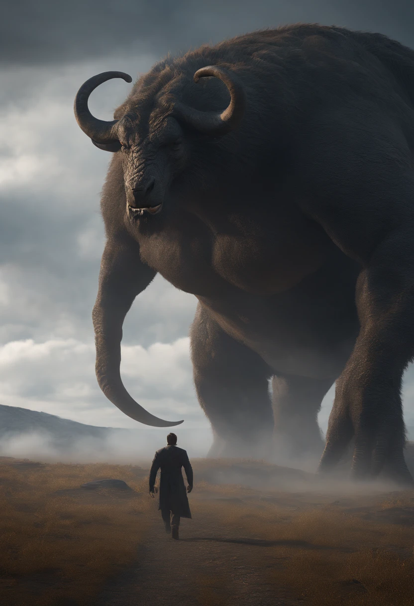 gigantic creature walking across a plain, mist, mist, mystery, monster, supernatural, octane render, unreal engine, photorealistic, hyper realism, highly detailed, High Quality, Intricately Detailed,Volumetric Lighting, Full Character, 4k, ,hd ,full HD, 8k, rtx, High Resolution, Detailed Shadows, incredibly detailed, perfect, dramatic scale