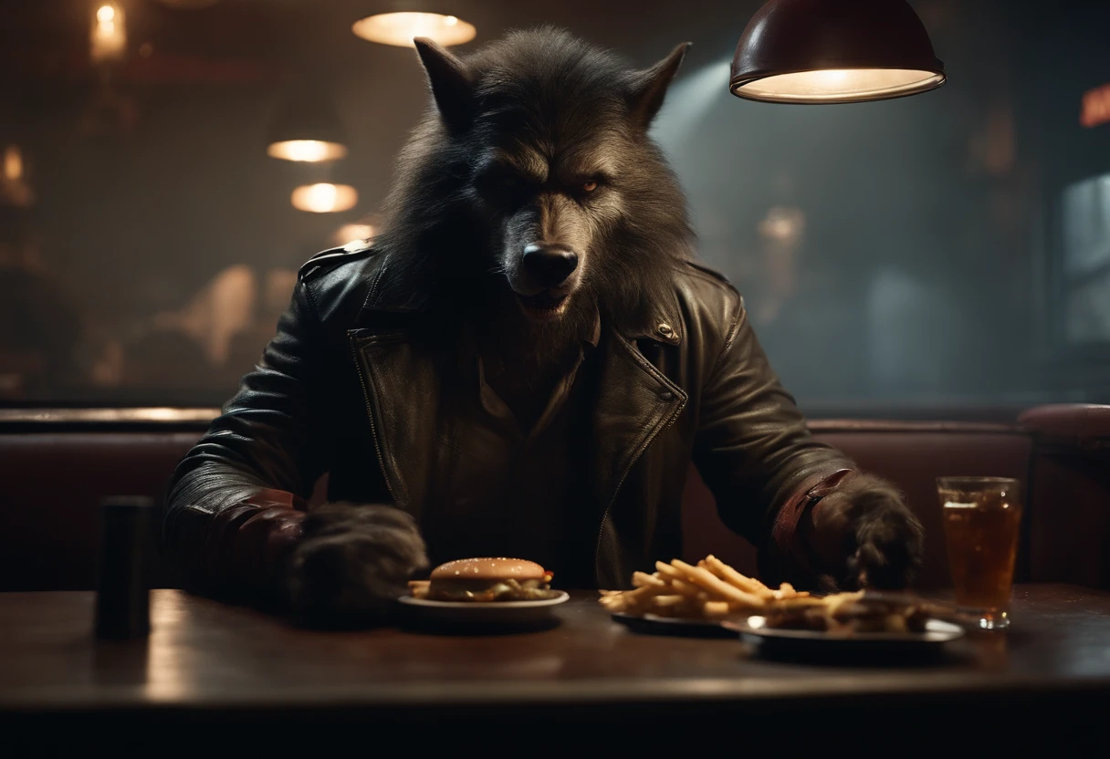 Badass masculine werewolf with hairy paws in a biker jacker, ready to eat a cheeseburger with chopsticks in a smoky, gloomy diner, creature design by Rob Bottin.