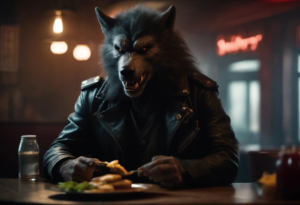 Badass masculine werewolf with hairy paws in a biker jacker, ready to eat a cheeseburger with chopsticks in a smoky, gloomy diner, creature design by Rob Bottin.