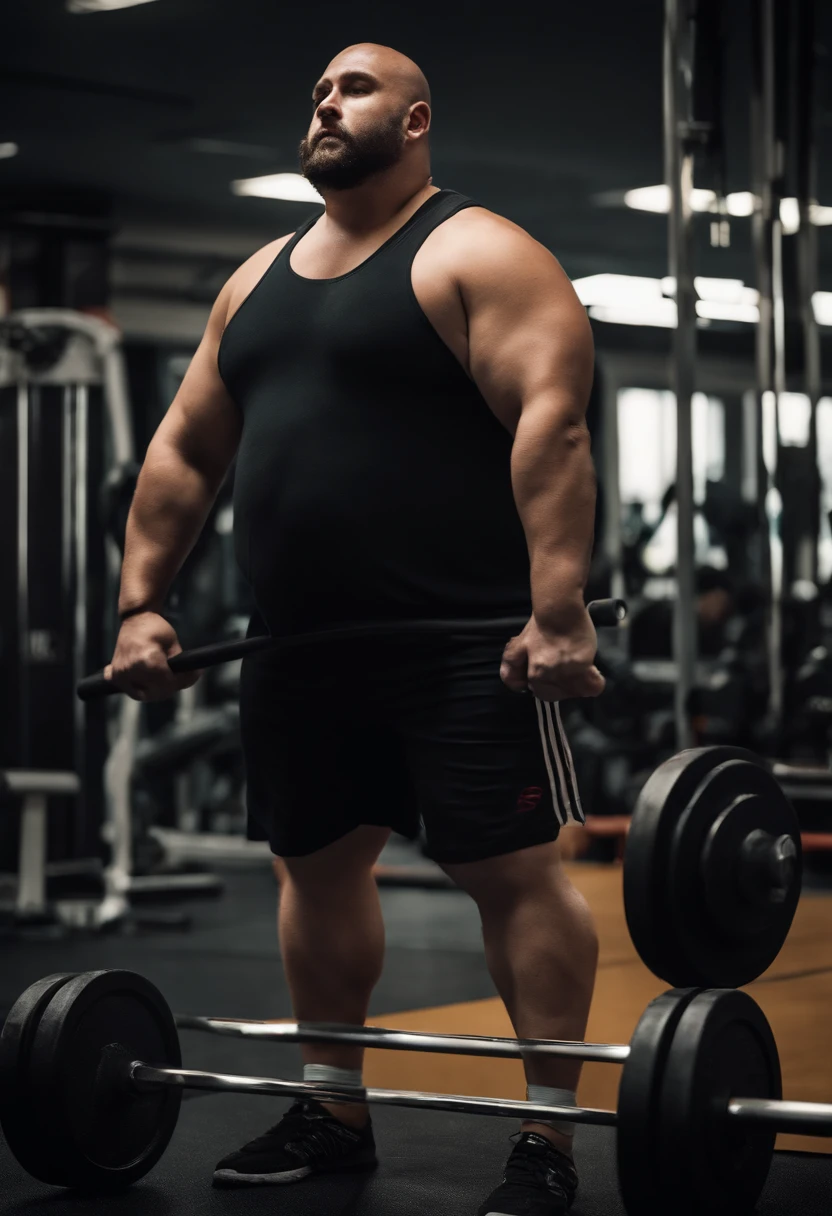 a man with morbid obesity, looking forward, close up image, inside a gym, wearing a gym outfit, with strepes in his hand, and a deadlift bar on the floor, realistic, hd, 8k
