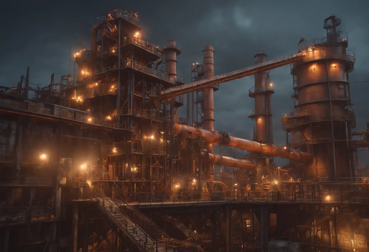(best quality,4k,8k,highres,masterpiece:1.2),ultra-detailed,(realistic,photorealistic,photo-realistic:1.37),factory,Donkey Kong Country,retro game,3D rendering,industrial,colorful,gritty,dark,imposing,intense,pipes,conveyor belts,jumping platforms,barrels,ladders,mechanical devices,steam,metallic structures,staircases,huge gears,environmental hazards,smokestacks,explosions,construction site,flying sparks,highly saturated colors,moody lighting
