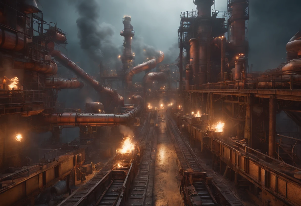 (best quality,4k,8k,highres,masterpiece:1.2),ultra-detailed,(realistic,photorealistic,photo-realistic:1.37),factory,Donkey Kong Country,retro game,3D rendering,industrial,colorful,gritty,dark,imposing,intense,pipes,conveyor belts,jumping platforms,barrels,ladders,mechanical devices,steam,metallic structures,staircases,huge gears,environmental hazards,smokestacks,explosions,construction site,flying sparks,highly saturated colors,moody lighting