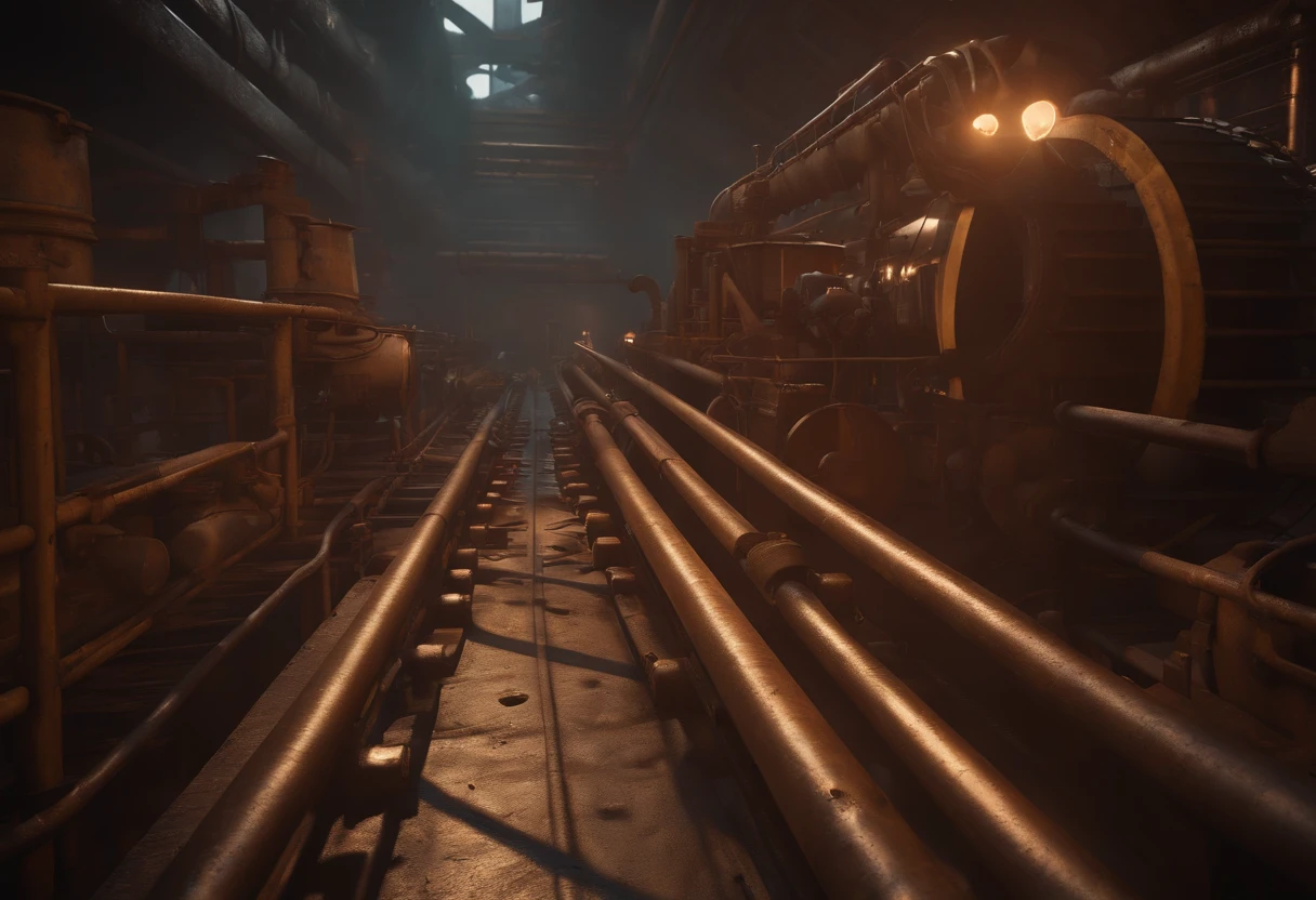 (best quality,4k,8k,highres,masterpiece:1.2),ultra-detailed,(realistic,photorealistic,photo-realistic:1.37),factory,Donkey Kong Country,retro game,3D rendering,industrial,colorful,gritty,dark,imposing,intense,pipes,conveyor belts,jumping platforms,barrels,ladders,mechanical devices,steam,metallic structures,staircases,huge gears,environmental hazards,smokestacks,explosions,construction site,flying sparks,highly saturated colors,moody lighting
