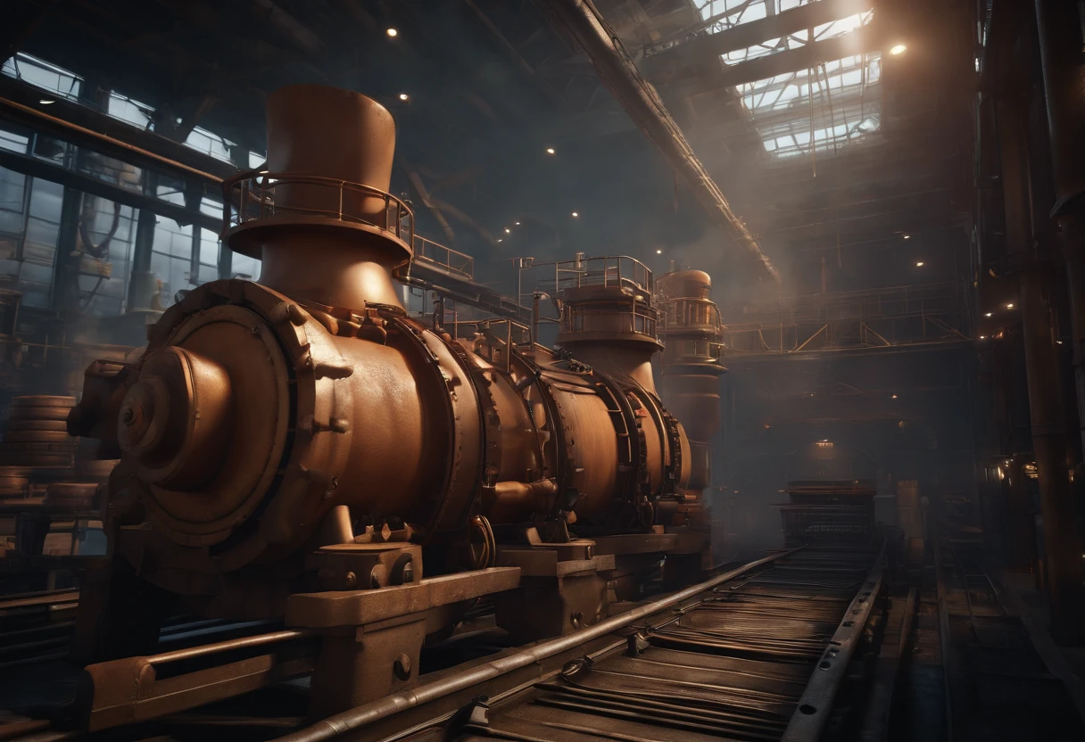 (best quality,4k,8k,highres,masterpiece:1.2),ultra-detailed,(realistic,photorealistic,photo-realistic:1.37),factory,Donkey Kong Country,retro game,3D rendering,industrial,colorful,gritty,dark,imposing,intense,pipes,conveyor belts,jumping platforms,barrels,ladders,mechanical devices,steam,metallic structures,staircases,huge gears,environmental hazards,smokestacks,explosions,construction site,flying sparks,highly saturated colors,moody lighting